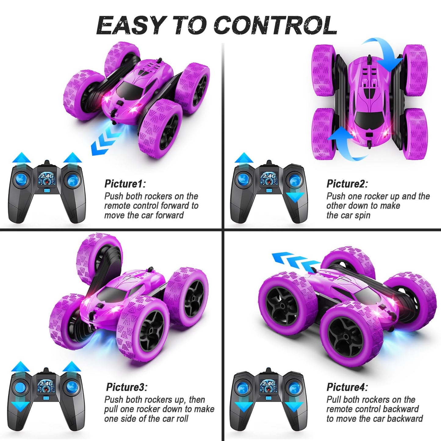 QUNREDA RC Cars, Purple Remote Control Car for Girls, 2.4 GHZ Double Sided RC Stunt Car 360° Rotating Remote Control Crawler with Headlights Car Toys for 6 7 8 9 10 11 12 Girls Birthday Gift
