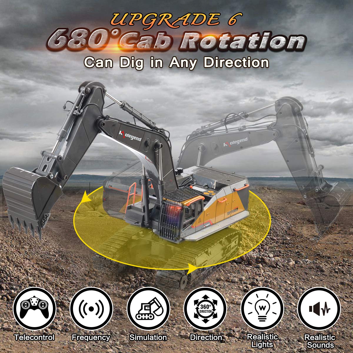 kolegend Remote Control Excavator Toy 1/14 Scale RC Excavator, 22 Channel Upgrade Full Functional Construction Vehicles Rechargeable RC Truck with Metal Shovel and Lights Sounds
