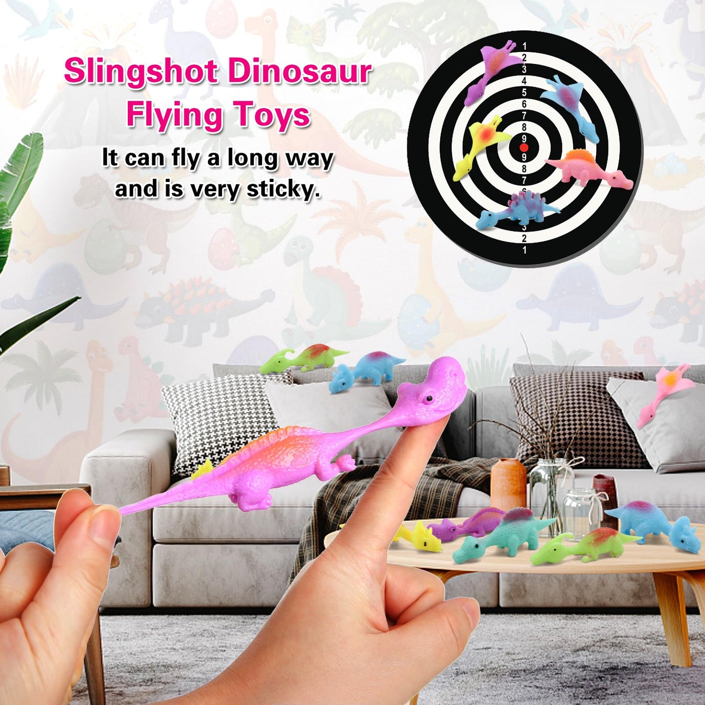 20 Pcs Slingshot Dinosaur Finger Toys, Flying Dinosaur Party Favors for Kids, Sticky Rubber Dino Fidget Toys, Funny Gag Gifts Treasure Box Classroom Prizes for Boys Girls