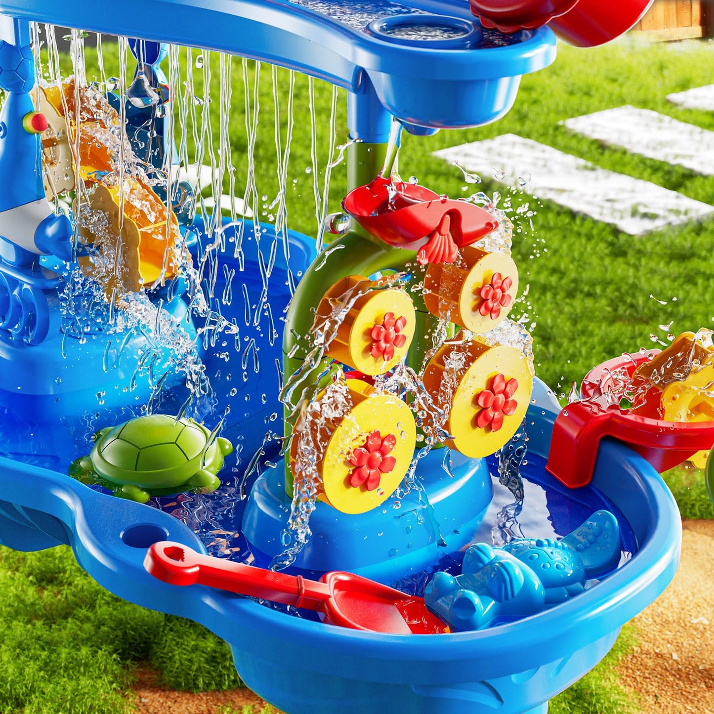 DULONIME 3-Tier Sand and Water Table Toys for Kids Aged 3 4 5 6 7 8, Water Waterfall Sensory Play Table with Beach Toys Accessories, Outdoor Activity Playset for Toddlers 2-4 3-5 4-6, Birthday Gifts