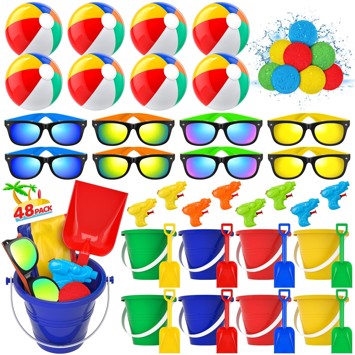 Pool Party Favors Beach Party Favors - 48 PCS Pool Toys For Kids Ages 3-8 Beach Balls Bulk, Sand Bucket and Shovels Set, Kids Sunglasses Bulk, Beach Summer Toys, Pool Party Supplies,Sand Toys