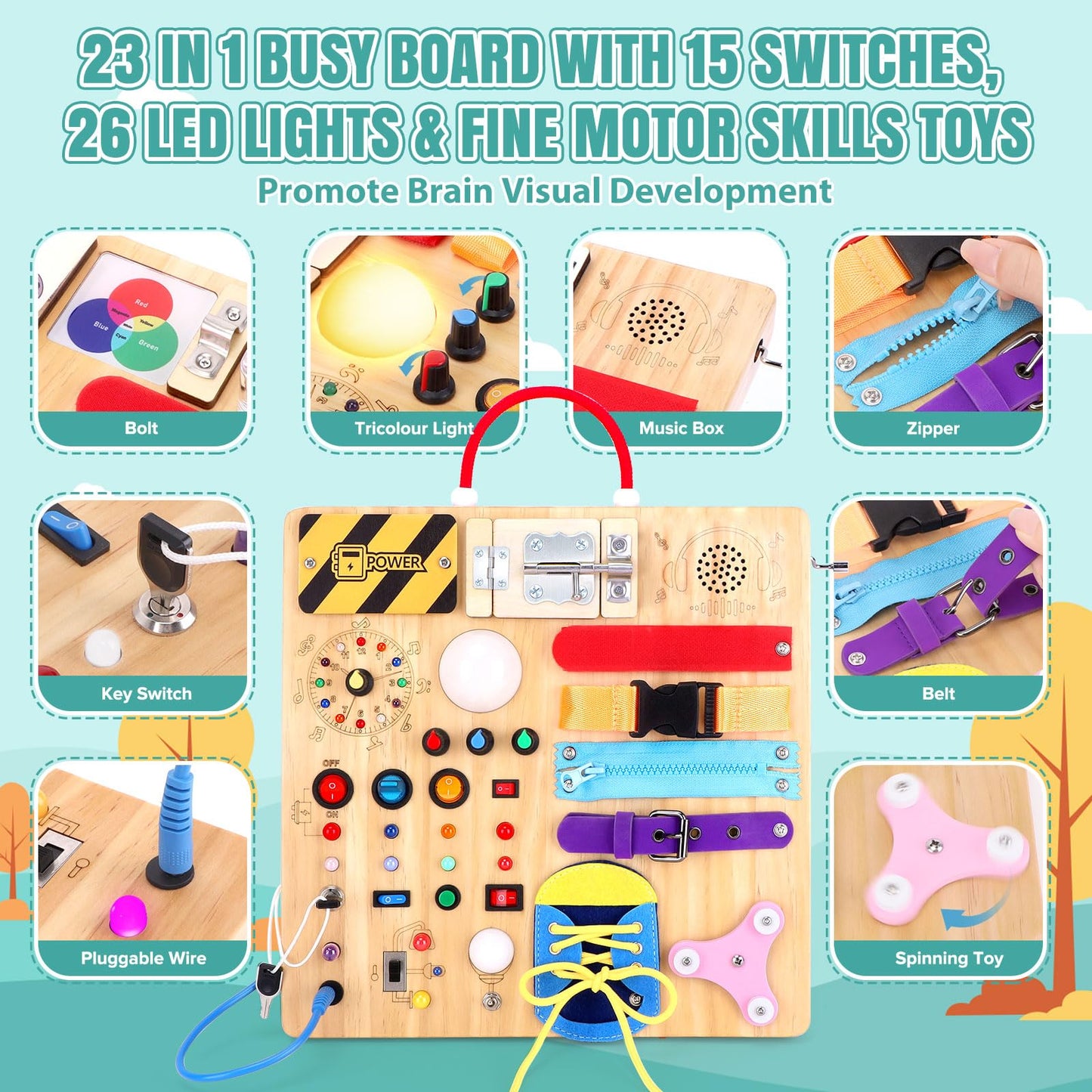 Busy Board 23 in 1 Montessori Toy for Toddlers Age 1 to 3 Wooden Educational Learning Toy with 15 Switches 26 LED Lights Music Box Lock Zipper Sensory Toy for Soothing Infants