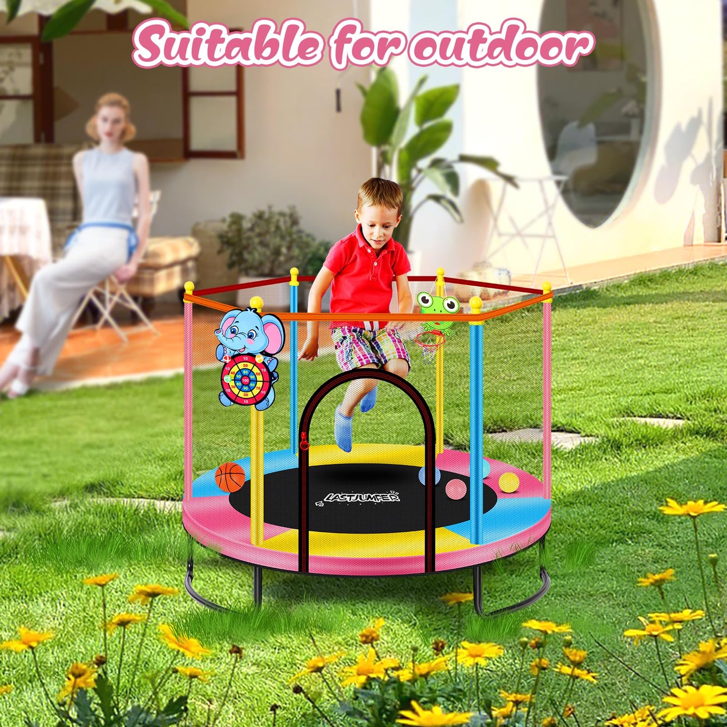LASTJUMPER 60''/5ft Pink Toddler Trampoline Indoor，Small Trampoline for Kids with Safety Enclosure, Basketball Hoop & Ocean Balls, Birthday for Toddlers 1-3