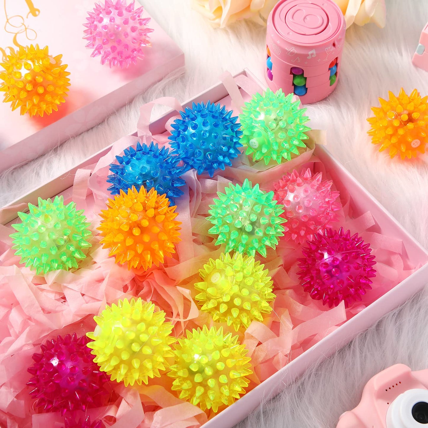 Lenwen 18 Pack Light up Balls LED Bouncy Balls Stress Relief Rubber Ball Flashing Squeaky Rubber Glow in Dark Toy Holiday Classroom Prizes Party Favors for Teens, Adults, Children