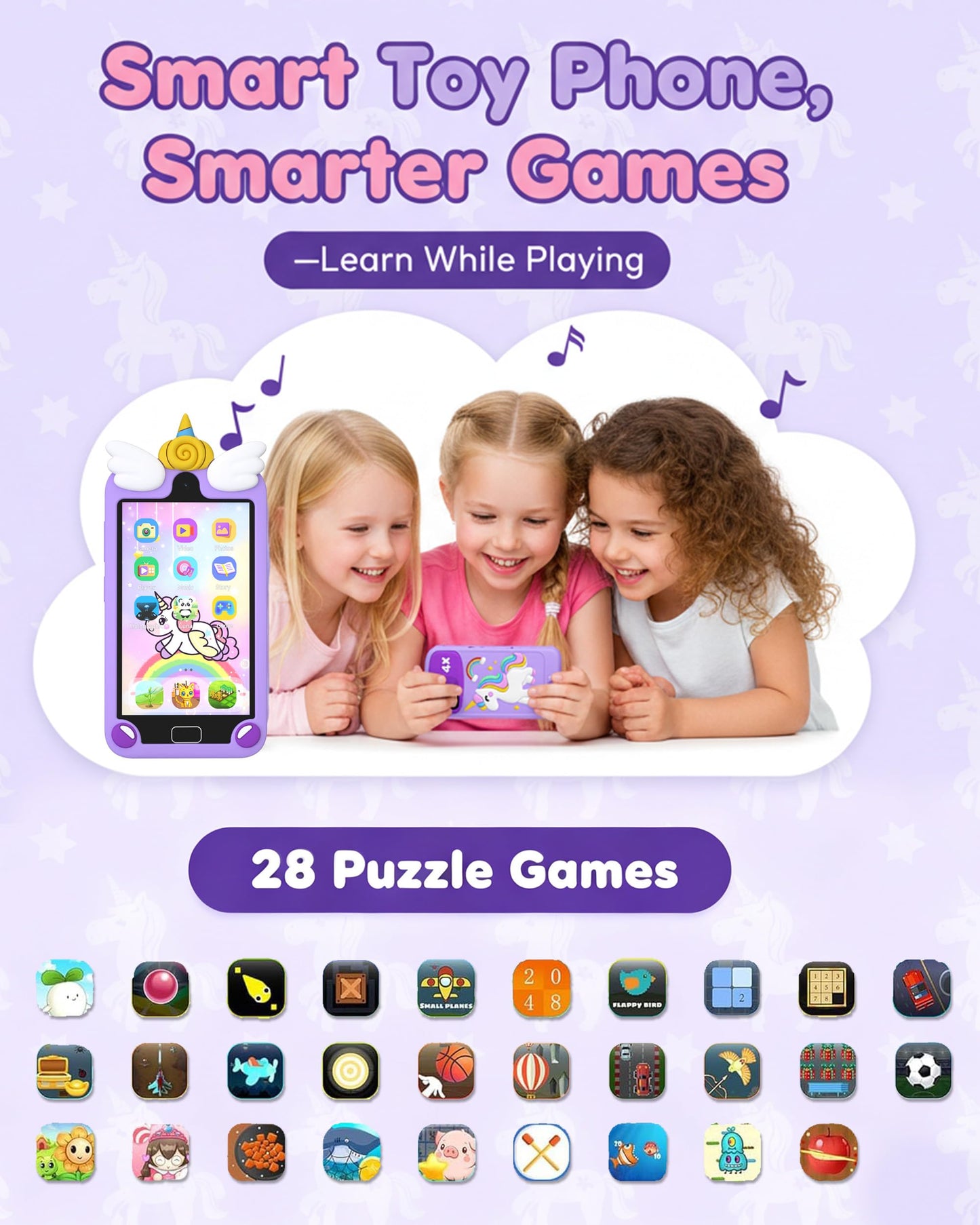 Kids Smart Phone with 32GB Card, 4.0" HD Touchscreen Toy Phone for Girls & Boys Age 3-12, Toddler Learning Play Cell Phone with Dual Camera, 28 Games, MP3 Player, 3D Hologram, Christmas Birthday Gift