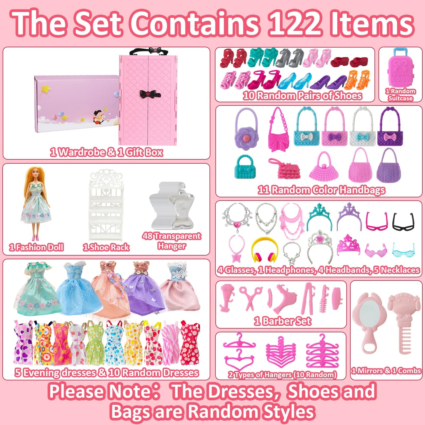 122 Pcs Doll Closet Playset with 11.5 Inch Dolls, Clothes and Accessories, Include Wardrobe Princess Dresses Shoes Bags Hangers Other Accessories, Dress Up Toys for Girls, Kids, Toddlers (Pink)