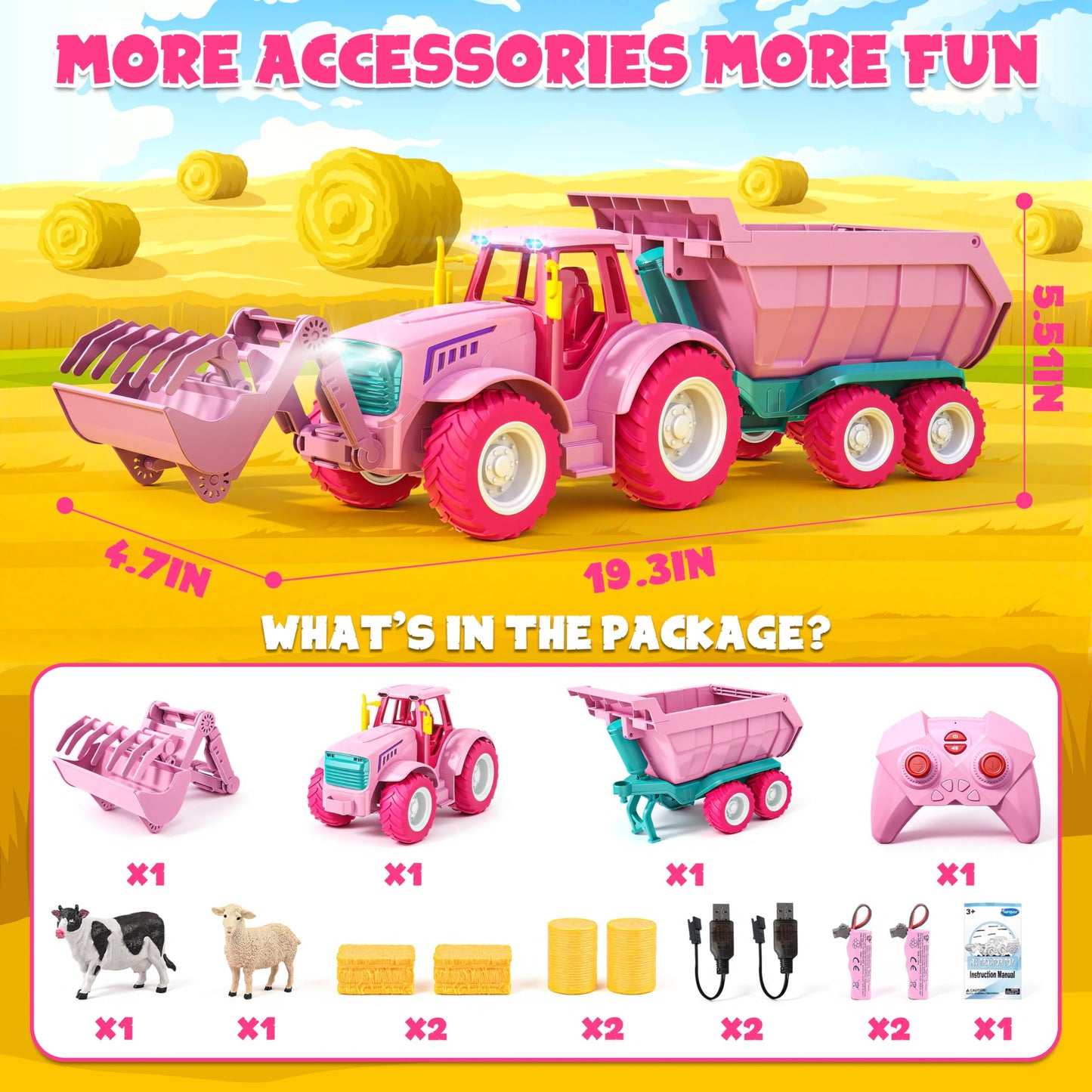 Funwee RC Farm Tractor Toy w/Light & Music, Kids Trailer Toy w/Front Loader & Farm Animal, 2.4GHz RC Tractor Truck Car for Boys & Girls, Toddler Vehicle Playset Age 3-8+ Year Old Gifts (Pink)