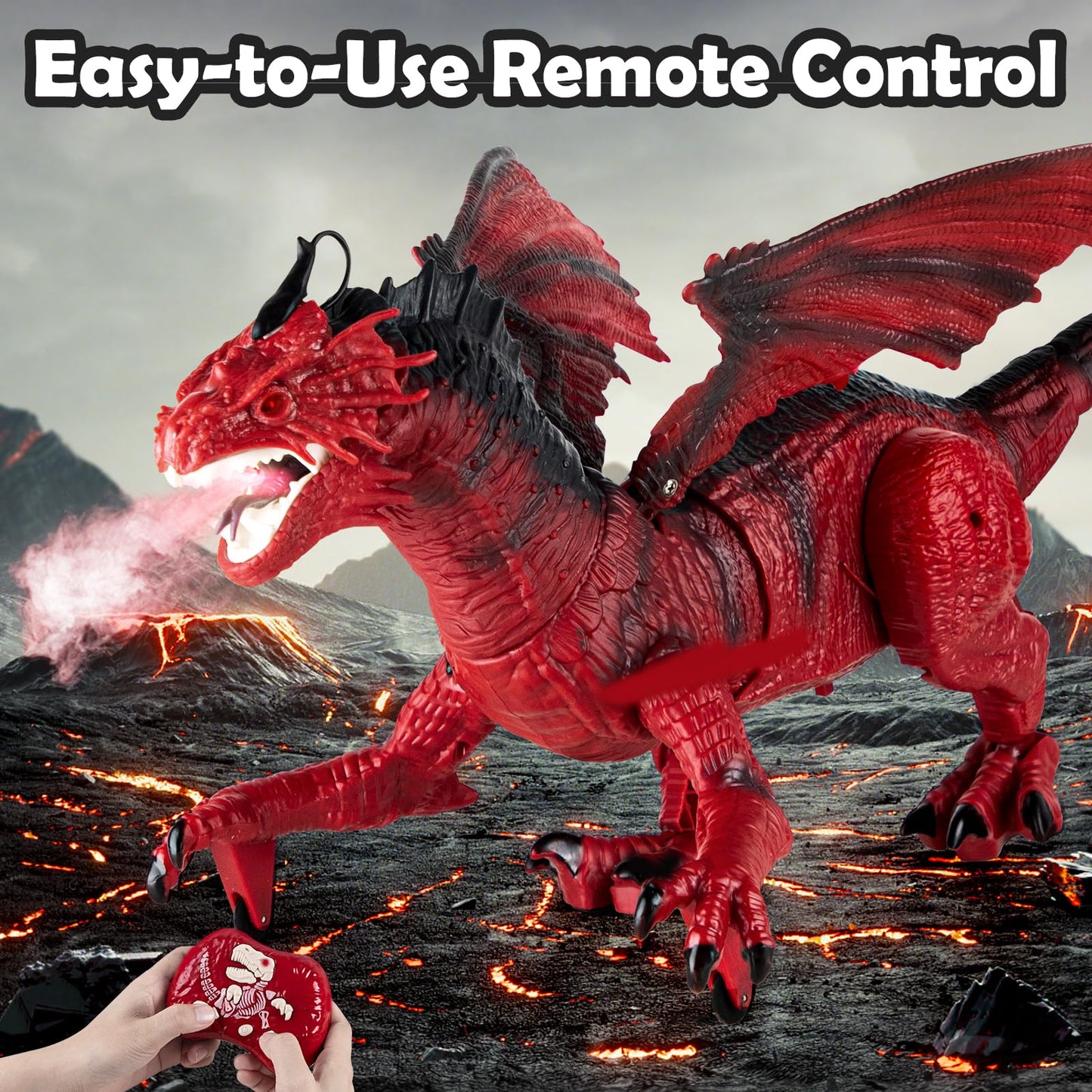 Remote Control Dragon Toy for Kids with 360° Swaying Head, Roaring, Spraying & Light Up- Remote Control Robot Toys for Kids - Red