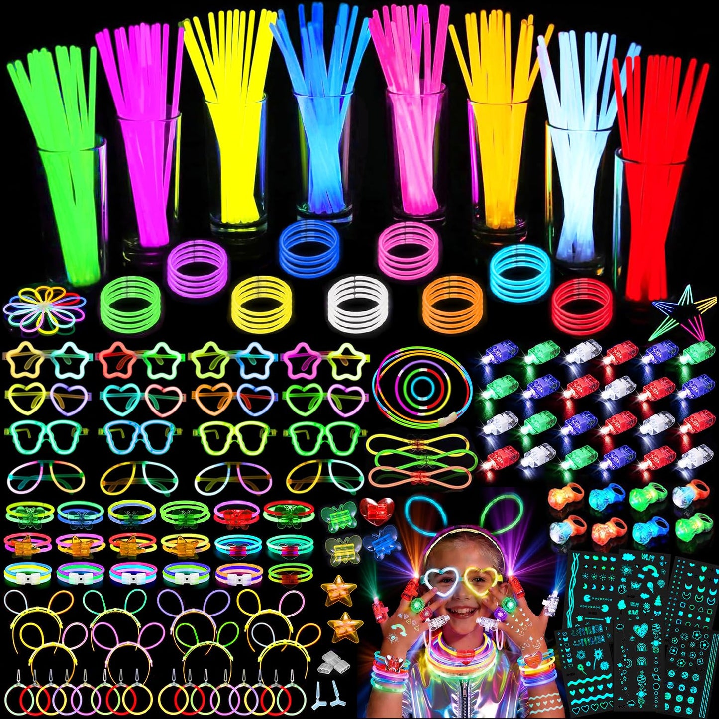 394 Pcs Glow in the Dark Party Supplies for 16 Kids Adults, Light Up Party Favors, 150 Ultra Bright Glow Sticks Bulk Party Pack with Set of 16 Glow Glasses,Earring, Headband,Bracelets, Necklaces
