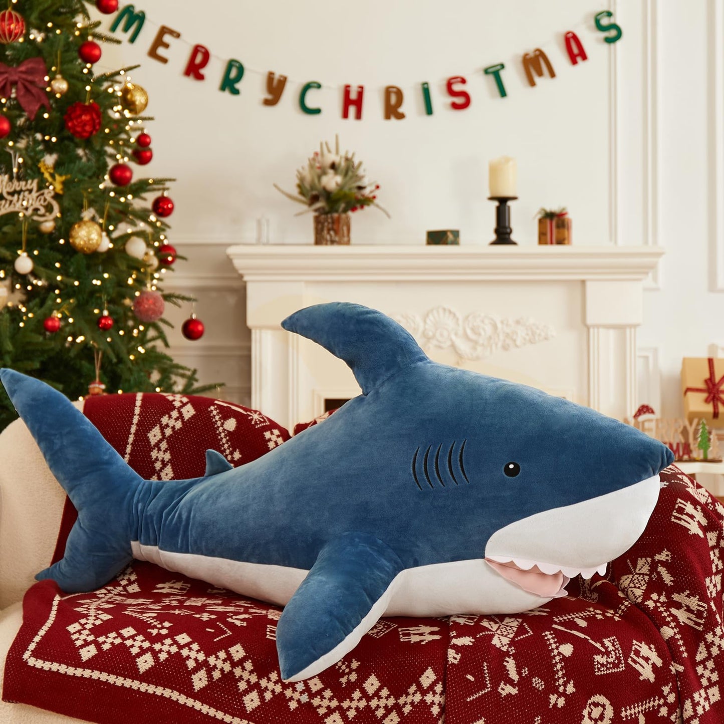 MorisMos 51inch Giant Shark Stuffed Animal, Large Shark Plush Toy Pillow Gift for Kids, Girlfriend, Blue