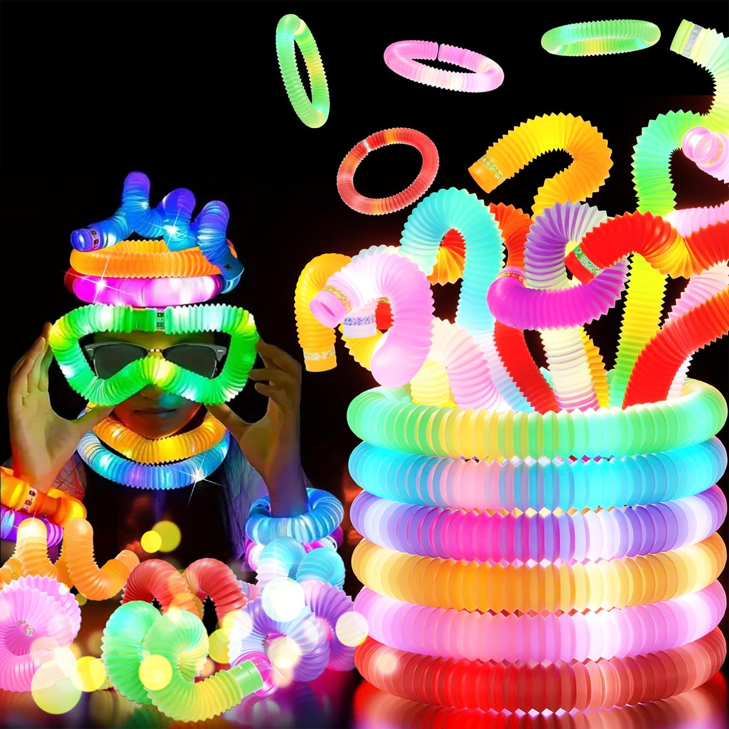 48 PCS HAMIMOS Light Up Pop Tubes Glow Sticks, Christmas Halloween Light Toys Party Decorations Supplies Favors for Kids, Sensory Toys Toddler Learning Activities for Boys Girls