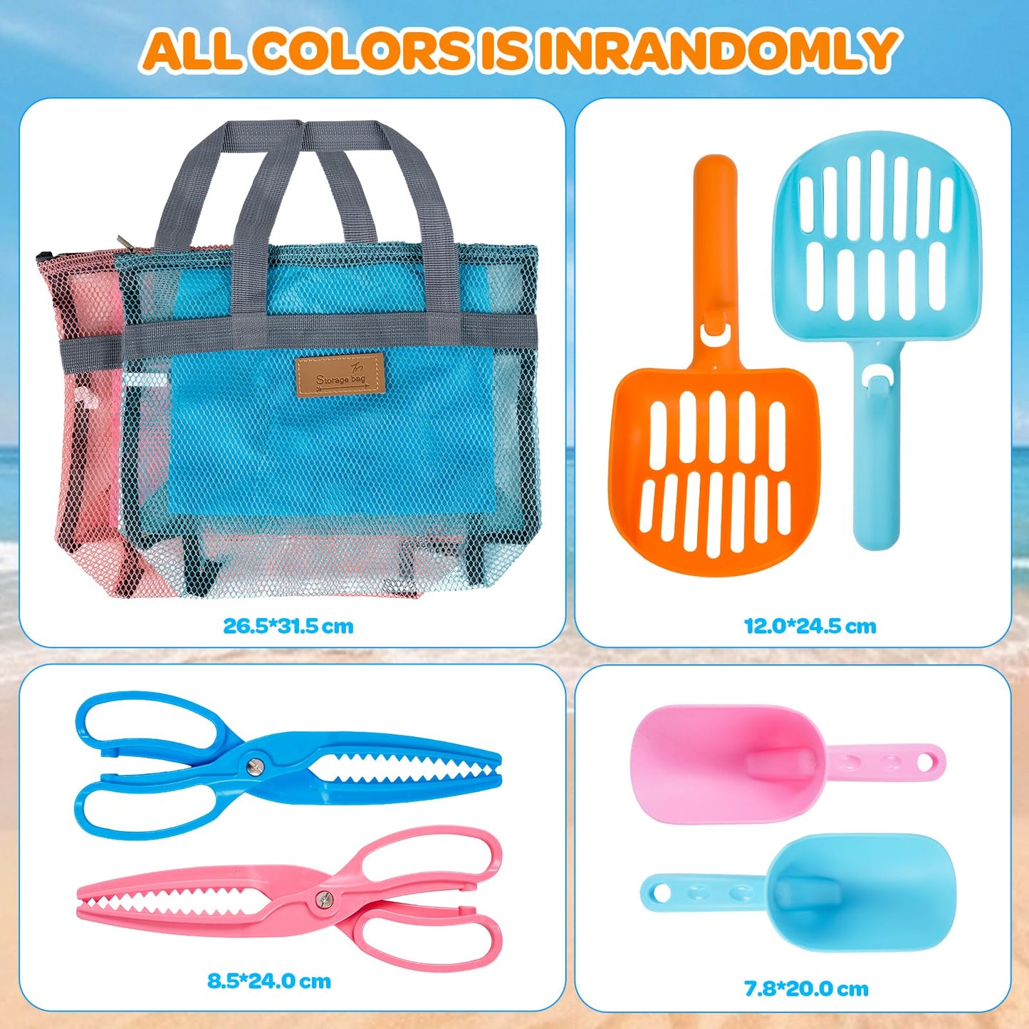 Beach Sand Toy Kids Age 4-8 Sandbox Kits with Mesh Shell Bags, Shovels, Claw Tongs for Shark Teeth Beach Essential Travel Summer Baby Toys for Toddlers Boys & Girls 3 4 5 6（2 Packs）