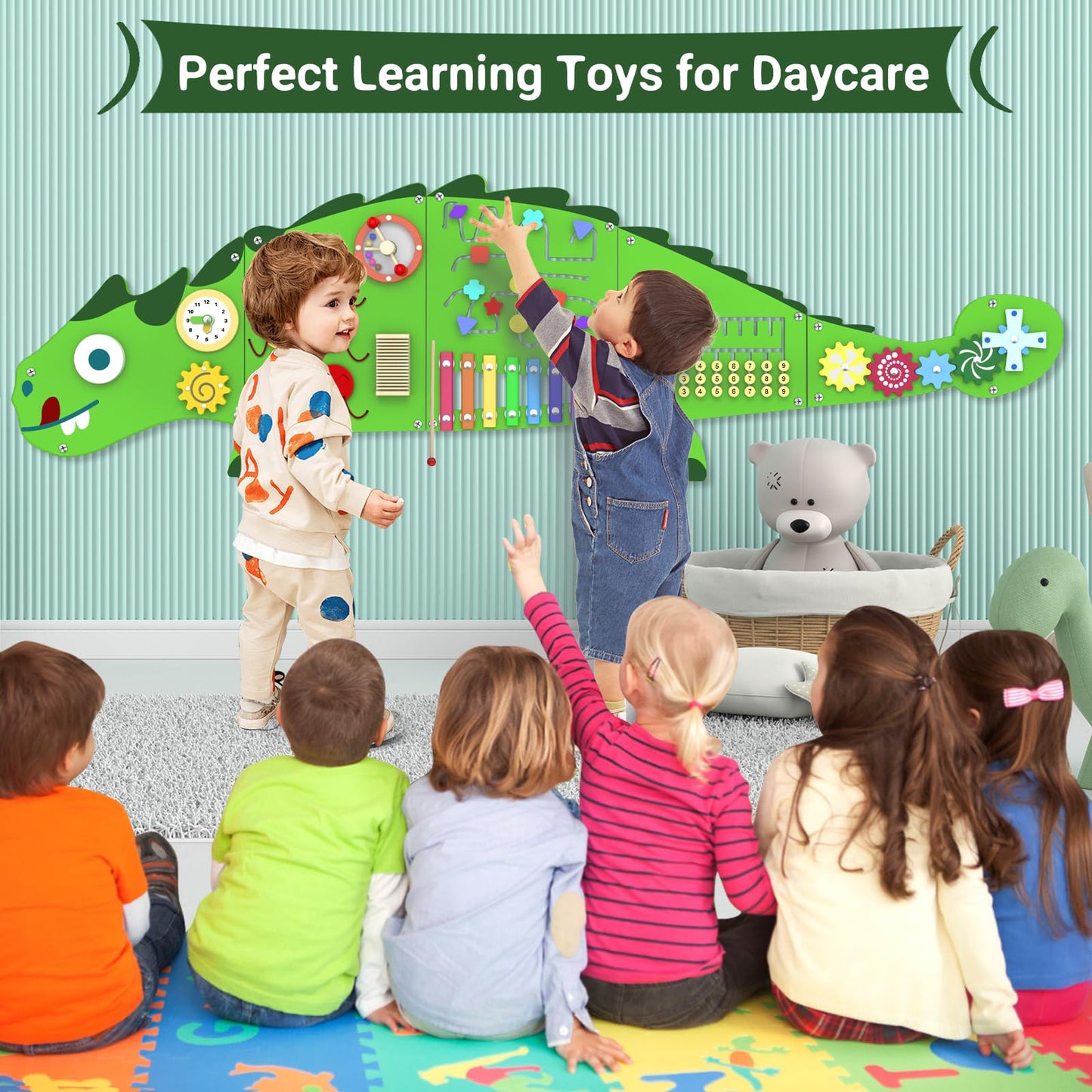 Sinpedex Activity Wall Panels for Kids: Dinosaur Sensory Wall Board for 3+ Years with 10 Activities - Wooden Decor for Toddler Playrooms Bedrooms Daycares