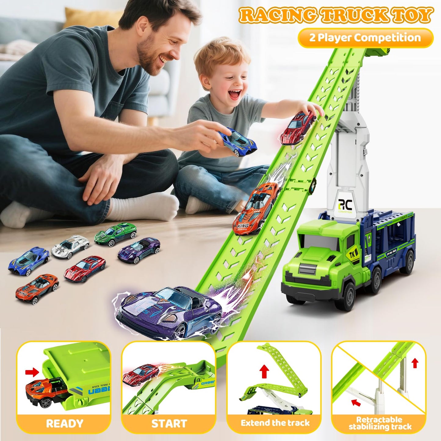 Truck Car Toys for 3, 4, 5, 6, 7, 8 Years Old Kids, Carrier Truck Race Track Toys, Foldable Transport Car Toys with 2 Foldable Race Tracks, 6 Metal Cars, Birthday Gifts for Toddler Boys Girls