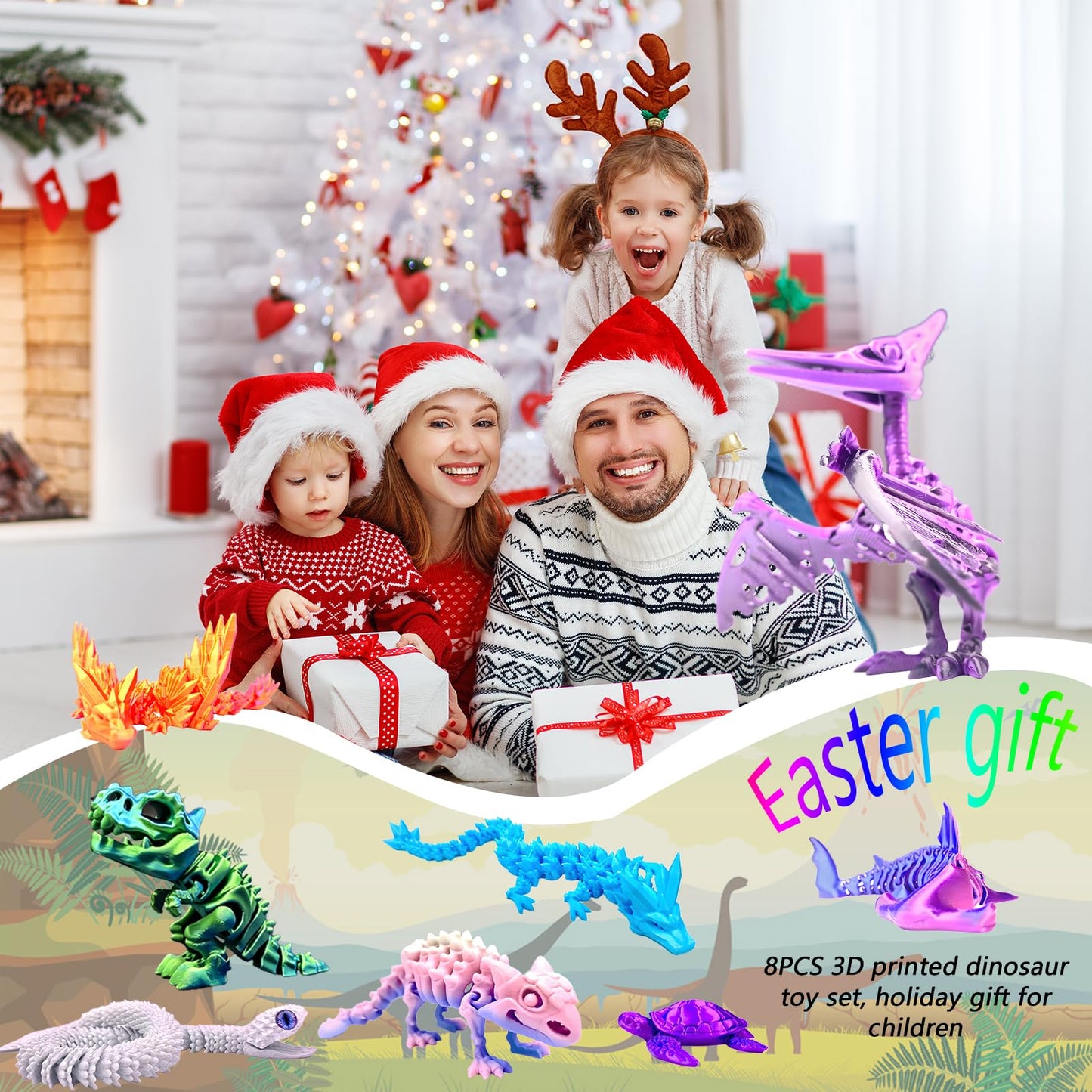 TJYZGXQ 8pcs 3D Printed Dinosaur, Snake Turtle Pterosaur T-Rex Fidget Toys,Crystal Dragon Flying Dragon，Desk Executive Toy，Easter,Toys for Boys Kids Teen 5-7 4-6 8-12