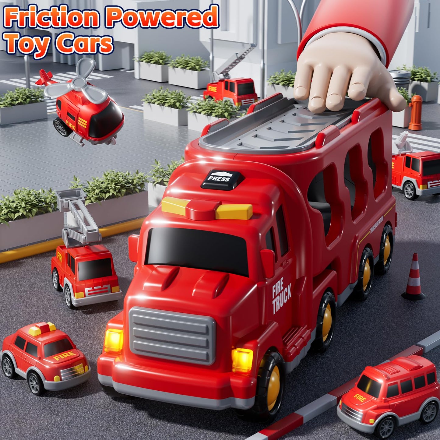 KIZONLY Fire Truck Toys for Toddler 1-3 3-5, 7-in-1 Fire Car Carrier Vehicle Set for Girls 1 2 3 4 5 6 Years Old, Transport Car with Light Sound, Birthdays Gifts for Kids Girls Aged 3-9