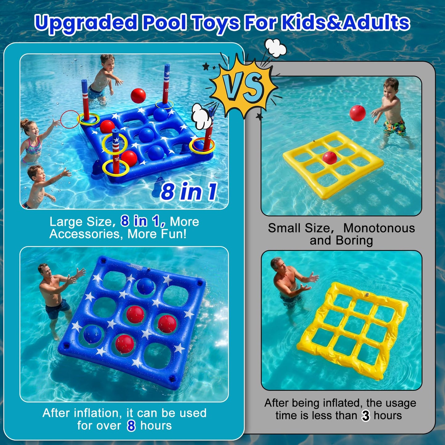 Pool Party Toys Games Set - Giant Inflatable Tic Tac Toe Float Game, Outdoor Pool Games for Adults Kids Family Pool Toys for 2-10 Players, Fun Swimming Beach Yard Activities with 10 Balls for Ages 6+