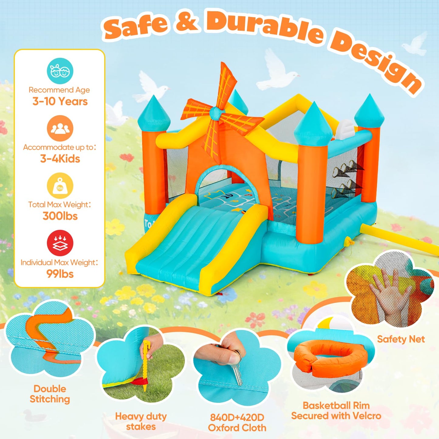 Bounce House for Big Kids 5-10, 12.5FT Windmill Inflatable Bouncy Castle with Slide & Games, Outdoor Backyard Birthday Party Jumper with Blower, Fits 4 Kids