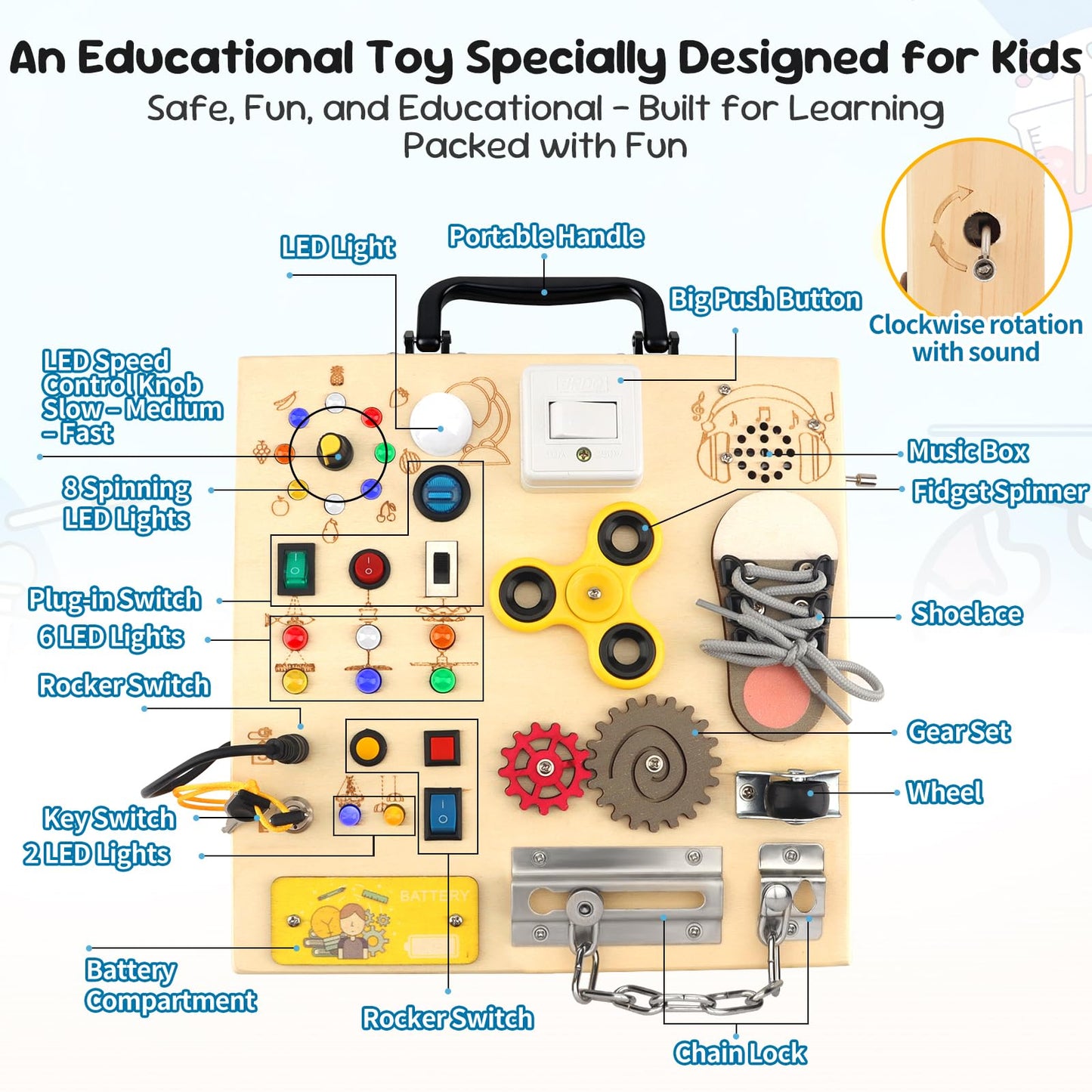 Wooden Busy Board with LED Light，Montessori Baby Learning Toys for Toddlers , Sensory Activity Board , Travel Educational Toy Boy & Girl Birthday Gift (Black Handle)