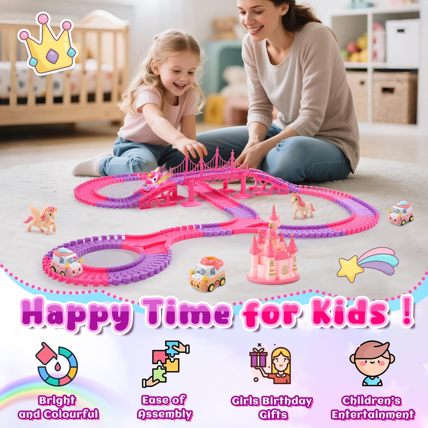 Aetyni Unicorn Toys Car Track for Kids Girls 4-6: 232 PCS Unicorn Monster Truck Race Track with 2 Pull Back Cars Toys for 3 4 5 6 7 Year Old Girl Toddler Christmas Birthday Gifts for Girl 3-5 6-8