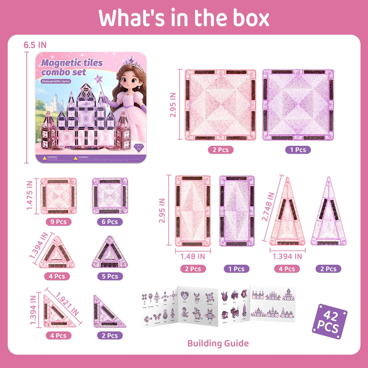STEM MATCH Magnetic Tiles Girls Travel Toy: 42 PCS Pink Glitter Building Blocks Castle Tin Box - 120 Mins Quiet Play 60s Cleanup - Toddler Kids Gift Age 3 4 5 6