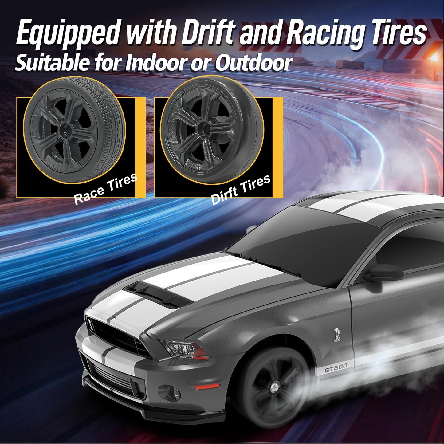 YONCHER RC Drift Car, Remote Control Car for Kids Ford Mustang Shelby GT500 Officially Licensed, 1:24 20KM/H 4WD with Lights, Fast Racing Toy Car for Boys Girls, Gray