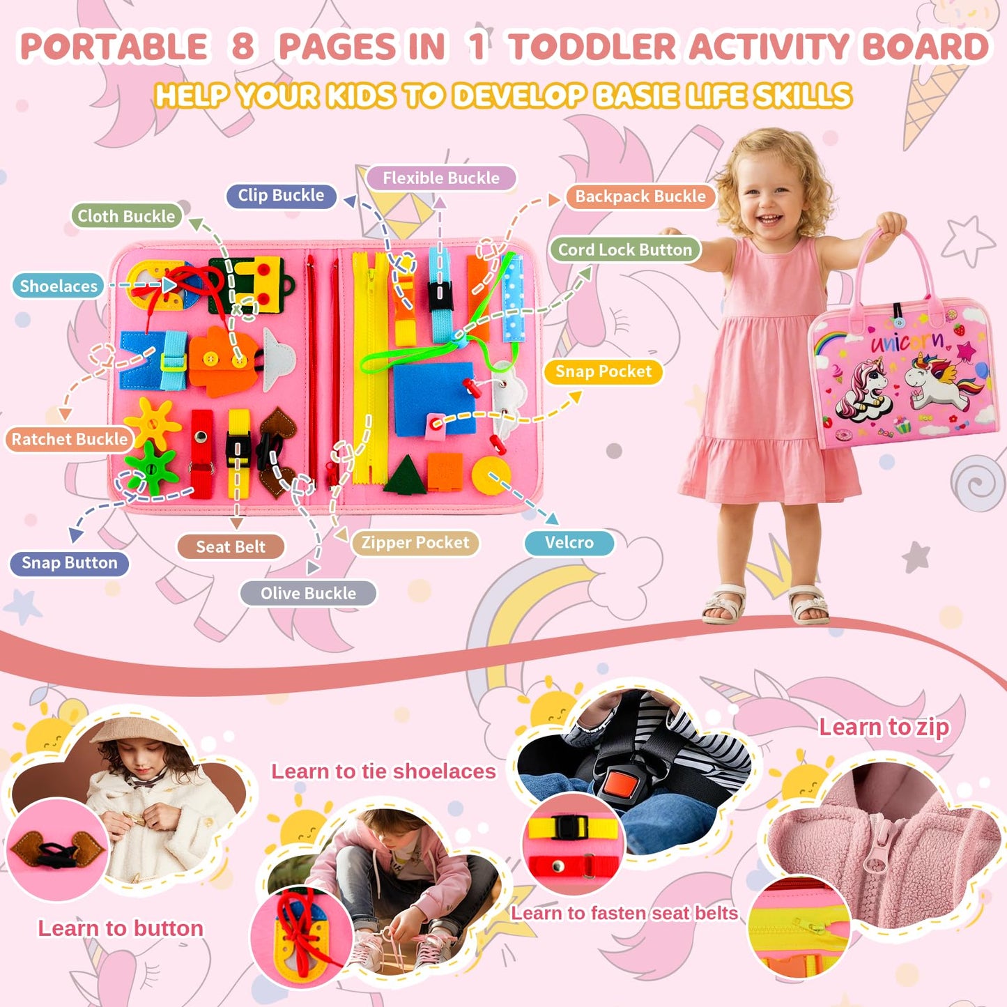 Toddler Busy Board Montessori Toys for Toddler 1-3 Year Old, Girl Birthday Gift, Preschool Educational Montessori Busy Book Board, Felt Sensory Activity Board Sorting Toy Age 2-4 with Fine Motor Skill