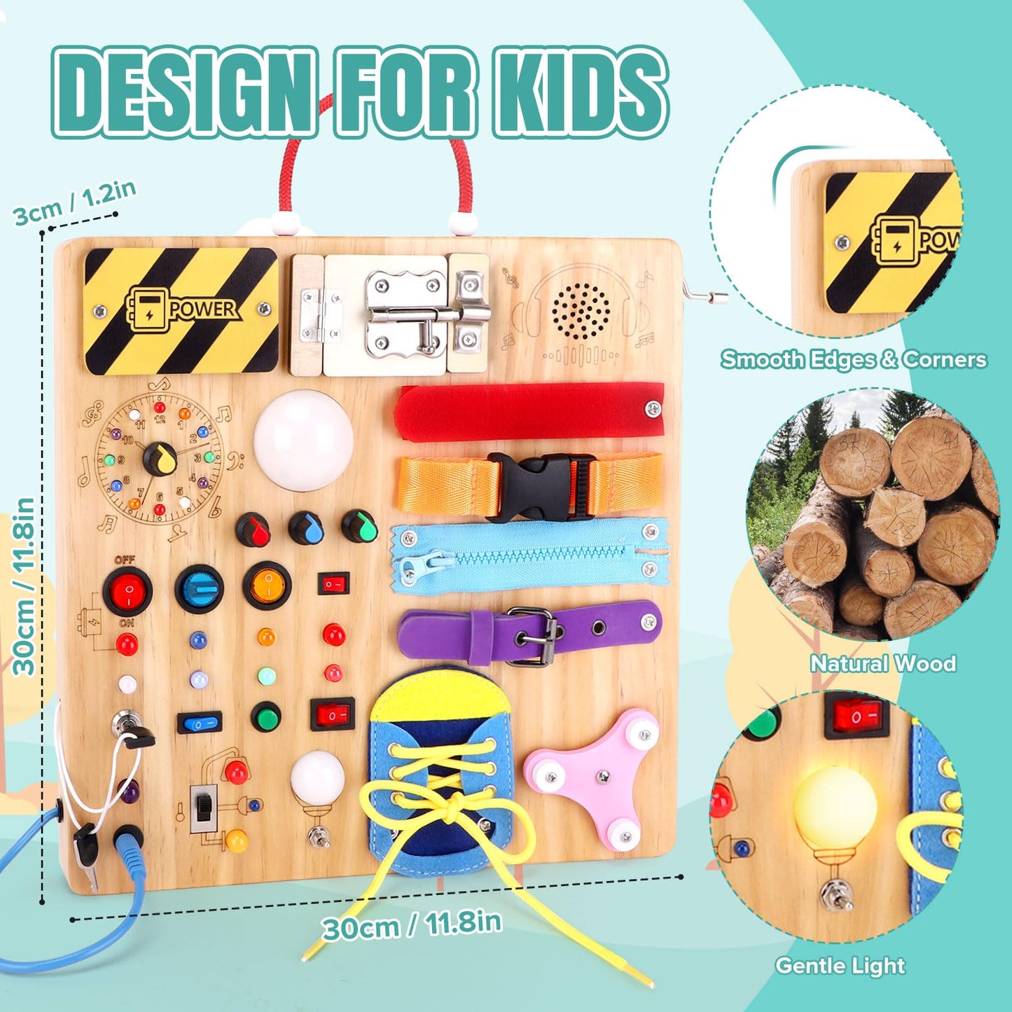Busy Board 23 in 1 Montessori Toy for Toddlers Age 1 to 3 Wooden Educational Learning Toy with 15 Switches 26 LED Lights Music Box Lock Zipper Sensory Toy for Soothing Infants