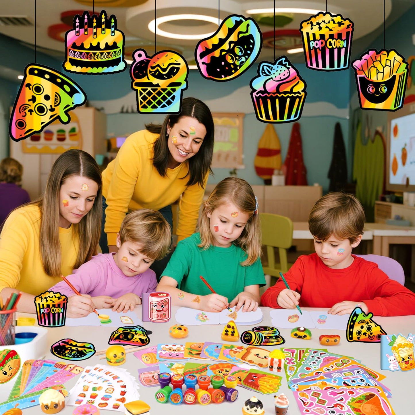 BenLouis 168 Pcs Fast Food Party Favors Snacks School Stationery Bulk for Kids Classroom Donut Birthday Gift Candy Goodie Bag Fillers Pizza Food Drink Decor Pinata Prize Activity Supplies