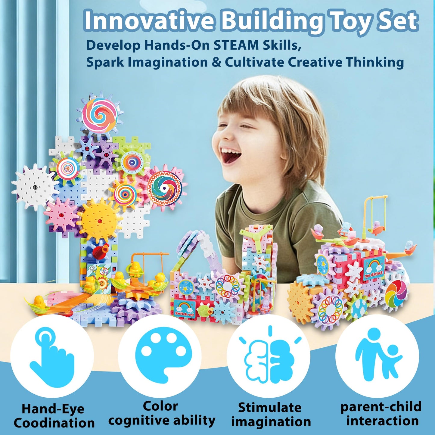 RivanPal 83 Pieces Gear Building Blocks Set Kids Tool Set, Colorful Interlocking Gears and Puzzle Pieces, Creative Construction Toy, STEM Learning