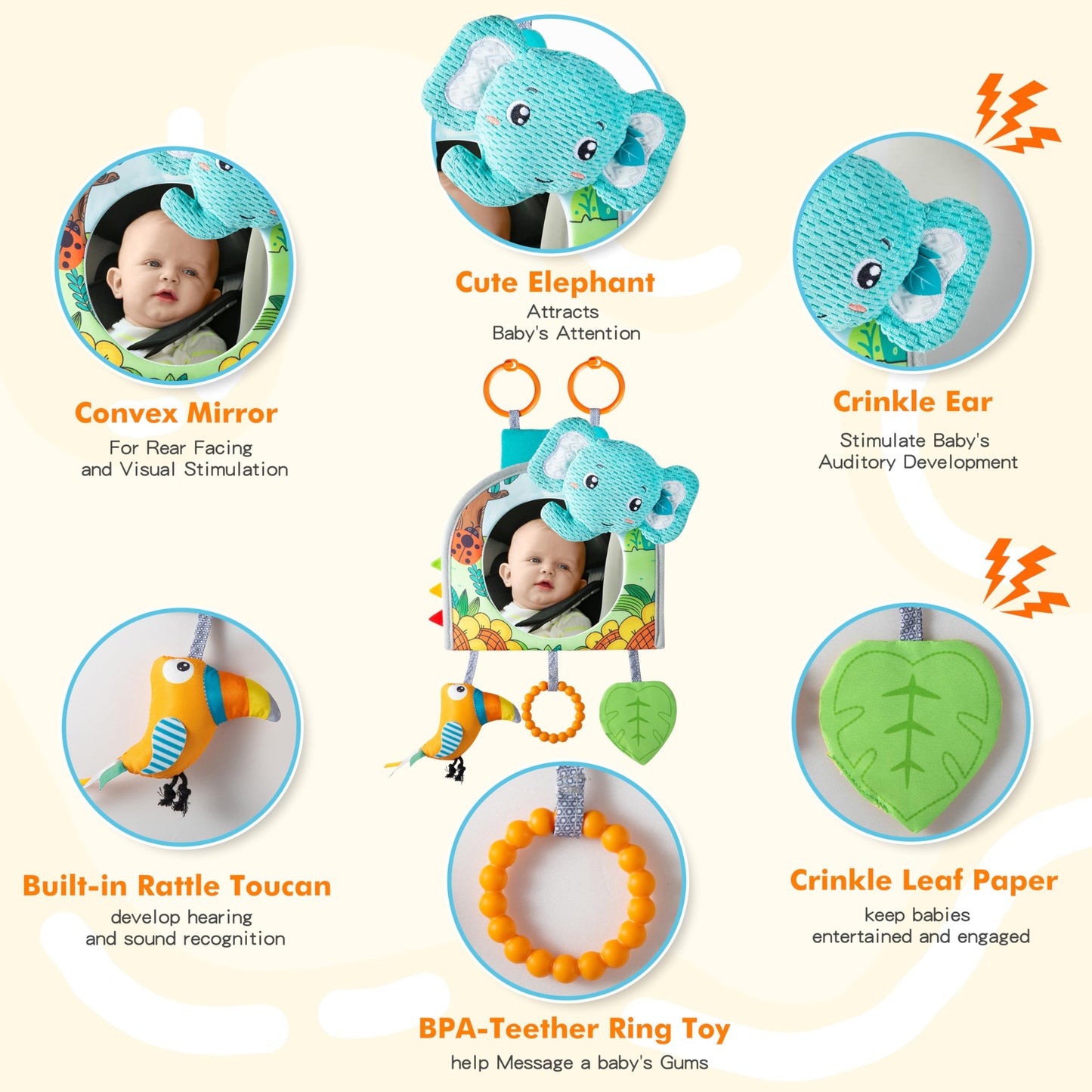Lynncare Car Seat Toy, Baby Car Mirror for Rear Facing, Travel Baby Activity Center with Hanging Engaging Toys for Infants Babies 0-6-12-18 Months Boy Girl