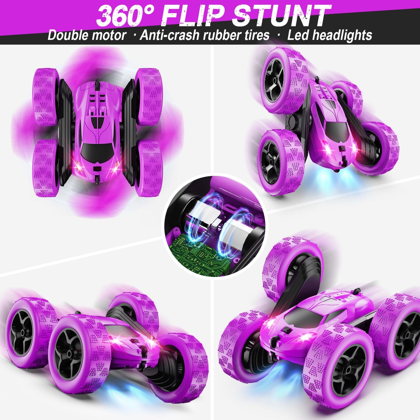 QUNREDA RC Cars, Purple Remote Control Car for Girls, 2.4 GHZ Double Sided RC Stunt Car 360° Rotating Remote Control Crawler with Headlights Car Toys for 6 7 8 9 10 11 12 Girls Birthday Gift