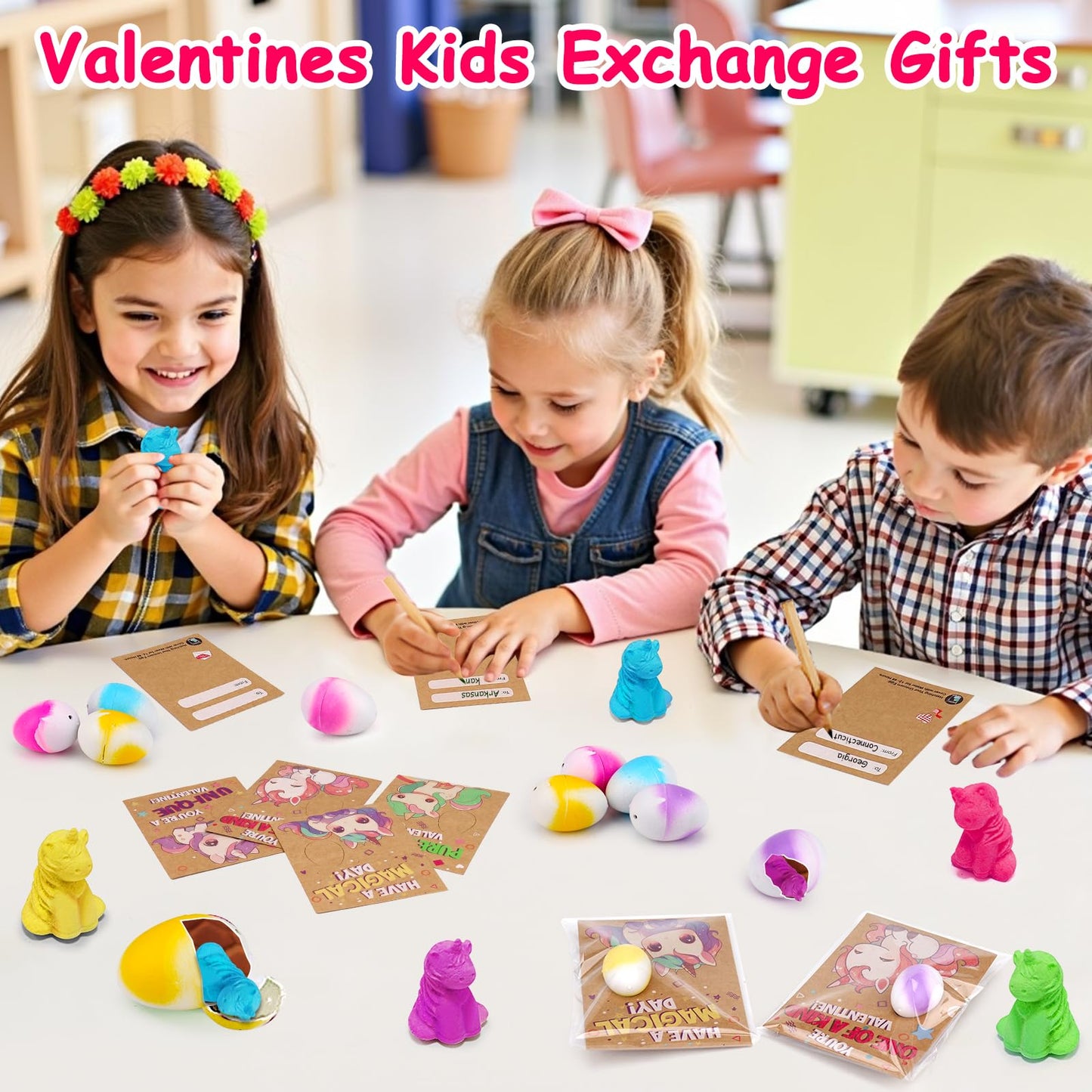 Thremhoo 28PCS Hatching Unicorn Eggs Valentines Day Cards for Kids School Classroom Novelty Hatch Toys Valentine's Day Exchange Gifts for Toddler Boy Girl Class Valentine Party Favors Treat Bulk