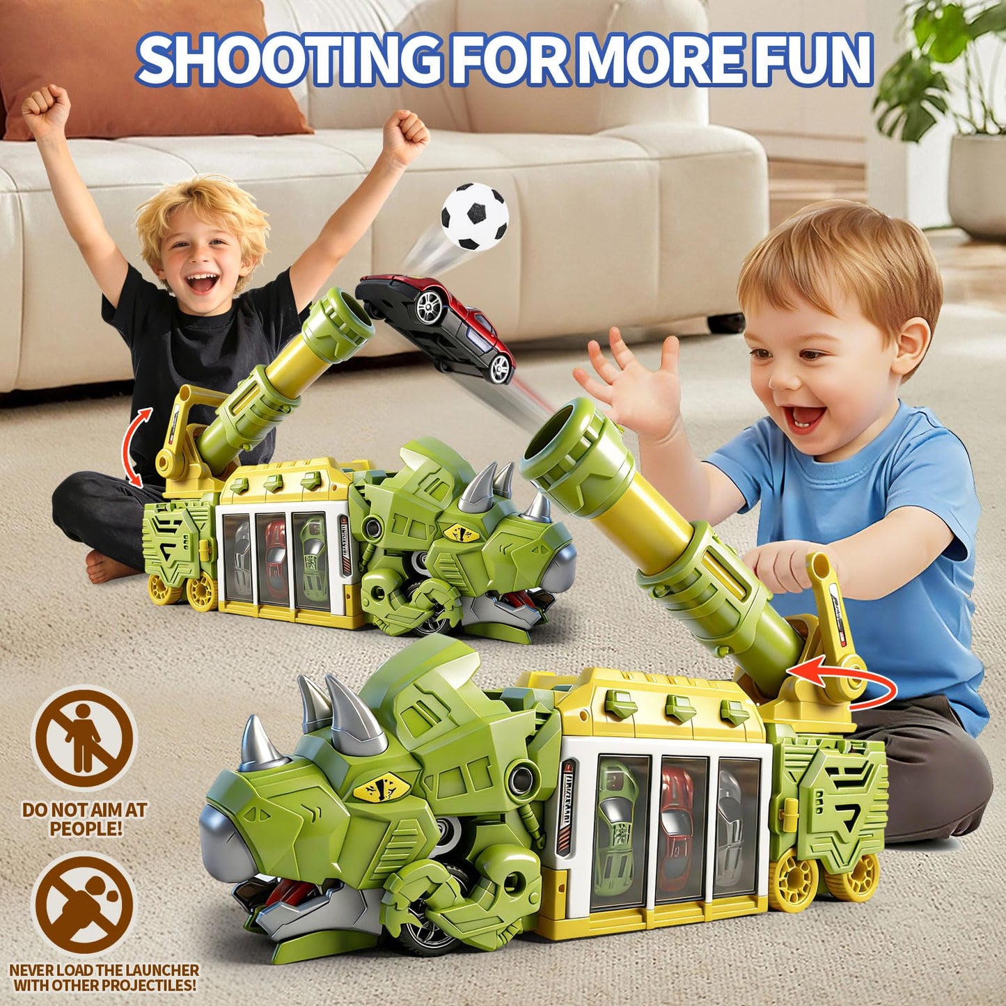 BYFWH Dinosaur Truck Toy Cars for Kids 3-8, Foldable Triceratops Car Toys with Storage Bay, Eejection & Shooting Dino Trucks Boy Toy with 12 Foam Ball, 10 Mini Cars, Best Gift for Kid 3 4 5 6 7 8 9