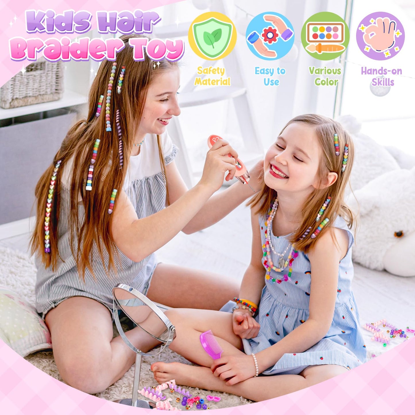 Hair Beads Jewelry Set for Girls, Gifts for 5 6 7 8 9 10 Year Old Girl, Kids DIY Hair Accessories Kits with Reusable Beads, Hair Gem Stamper Kit for Kids Girls Age 6-12 Creative Birthday Gifts Toys