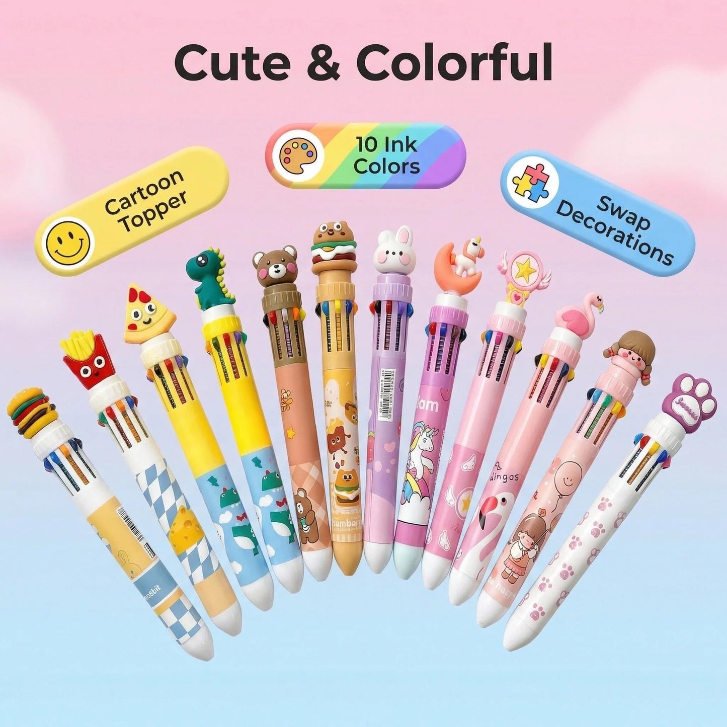Rarler 20 Pcs Cute Cartoon 10-Color fidget Pens, Bulk Multicolor Ballpoint Pens, Party Favors for Kids 8-12, Goodie Bag Stuffers, Birthday Party Gifts, Classroom Prizes