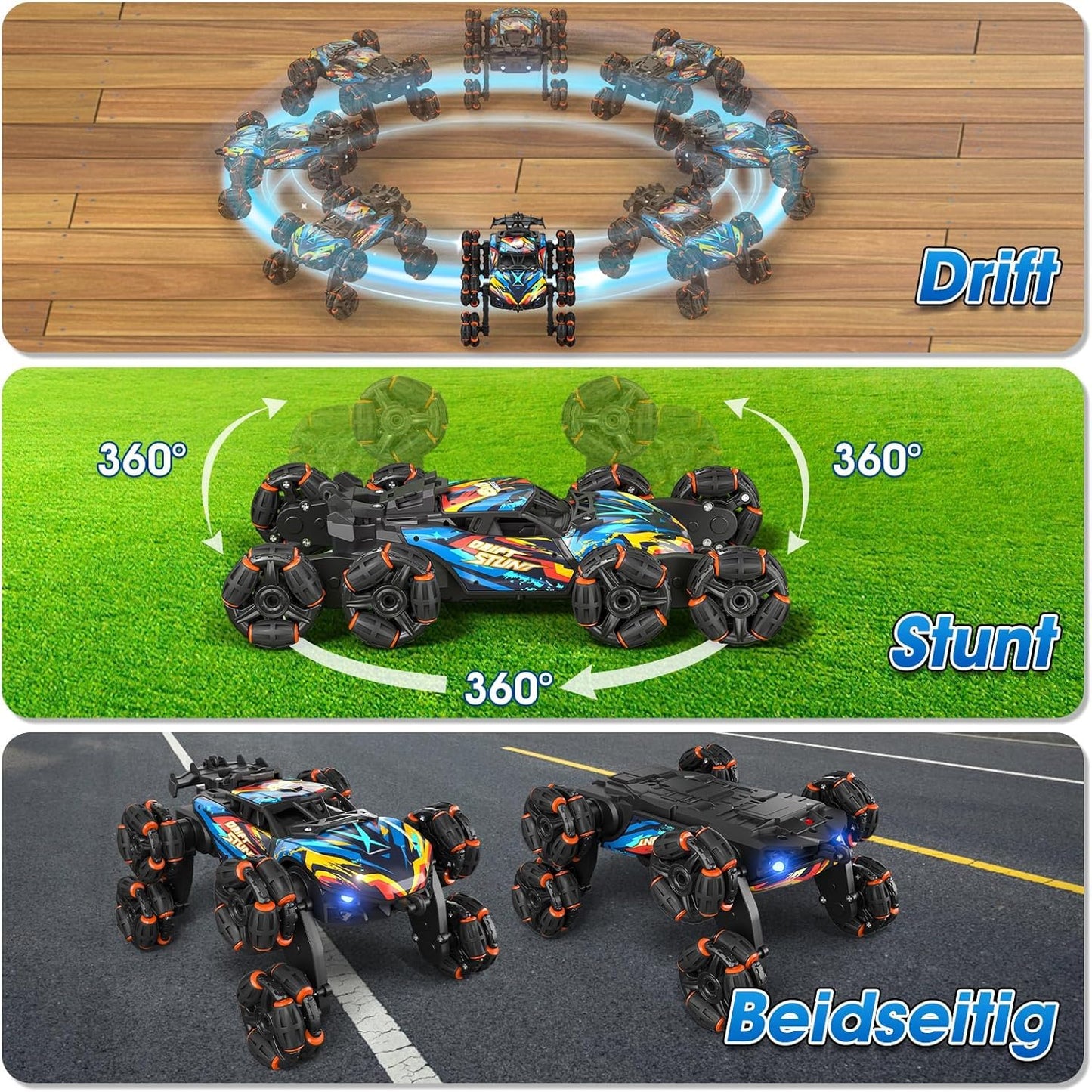 ADUSRIZ 8WD Gesture Sensing Road Stunt Car, Remote Control Cars with LED Light, Music and Spray, Drift RC Car Toys Gifts for 6-12 Years Old Boys Girls