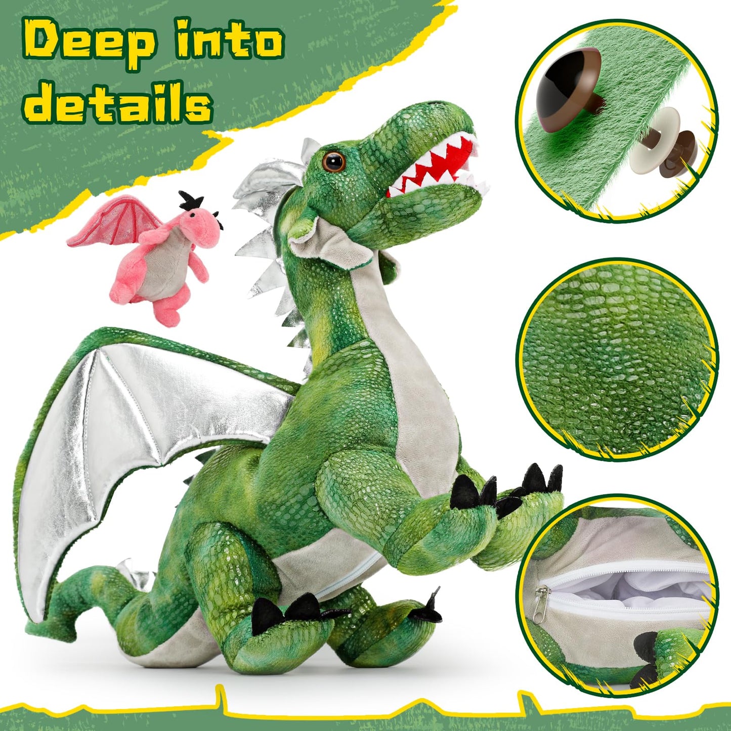 MorisMos 7PCS Green Dragon Stuffed Animal Set, 21 inch Big Mommy Stuffed Dragon Plush Toy with 4 Baby Dragons and 2 Eggs Inside, Stuffed Dinosaur Toy Gift for Kids, Boys Christmas, Birthday
