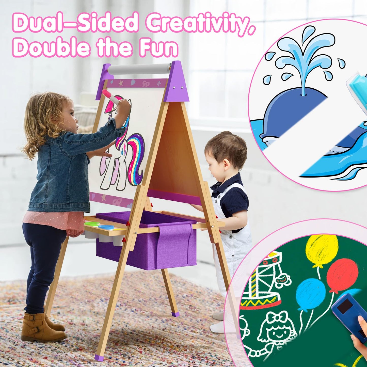 Art Easel for Kids, Adjustable Standing Wooden Toddler Easels, Kids Whiteboard & Blackboard with Paper Roll, Dry Erase Board, Drawing and Painting for Aged 2-4, 5-7, 8-12, Art Supplies Included