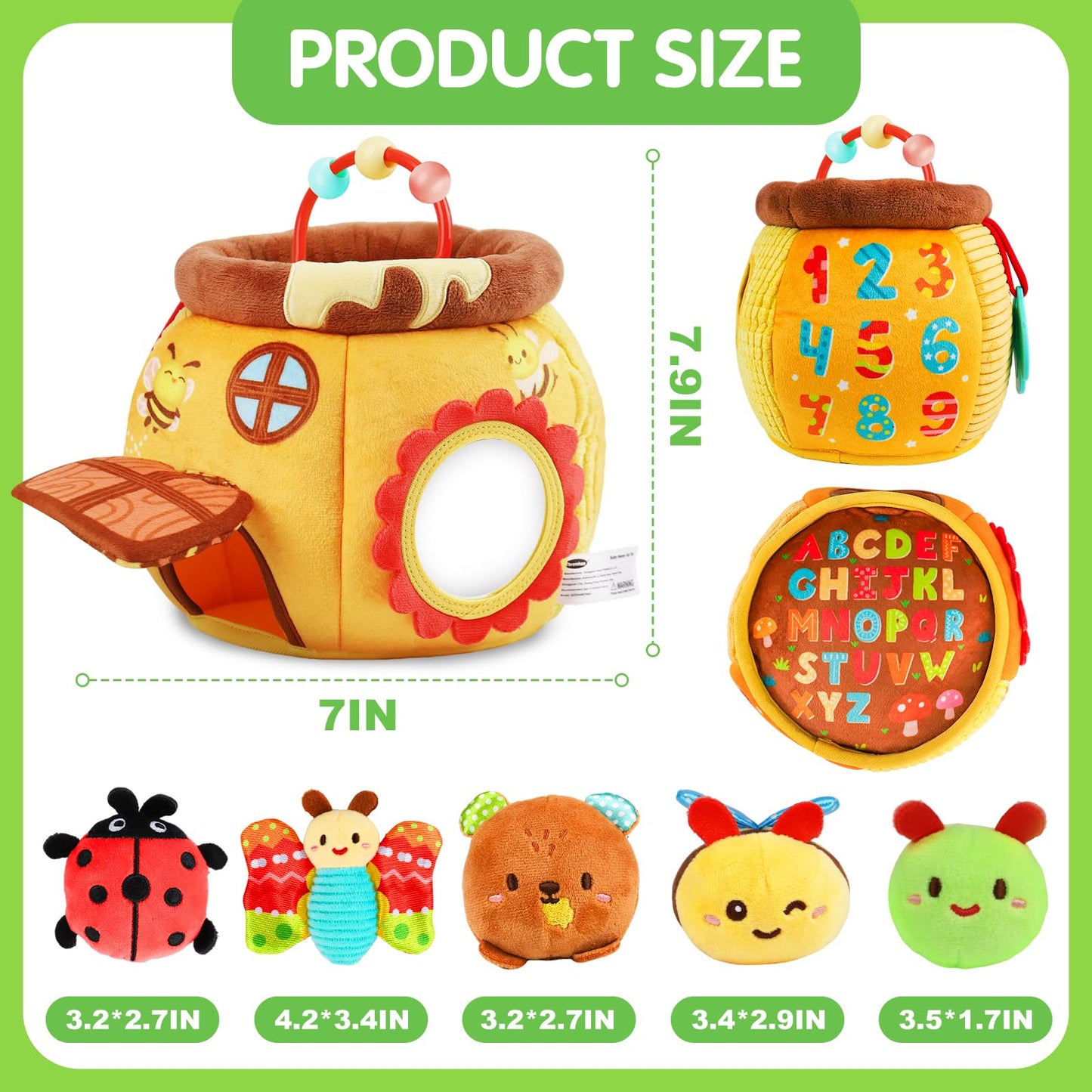 Thremhoo Baby Girls Toys 0-6 Month Music Animal Stuffed Caterpillar Toy & Soft Beehive with 5 Stuffed Animals, Rattle, Crinkle, Mirror, Montessori Sensory Toys