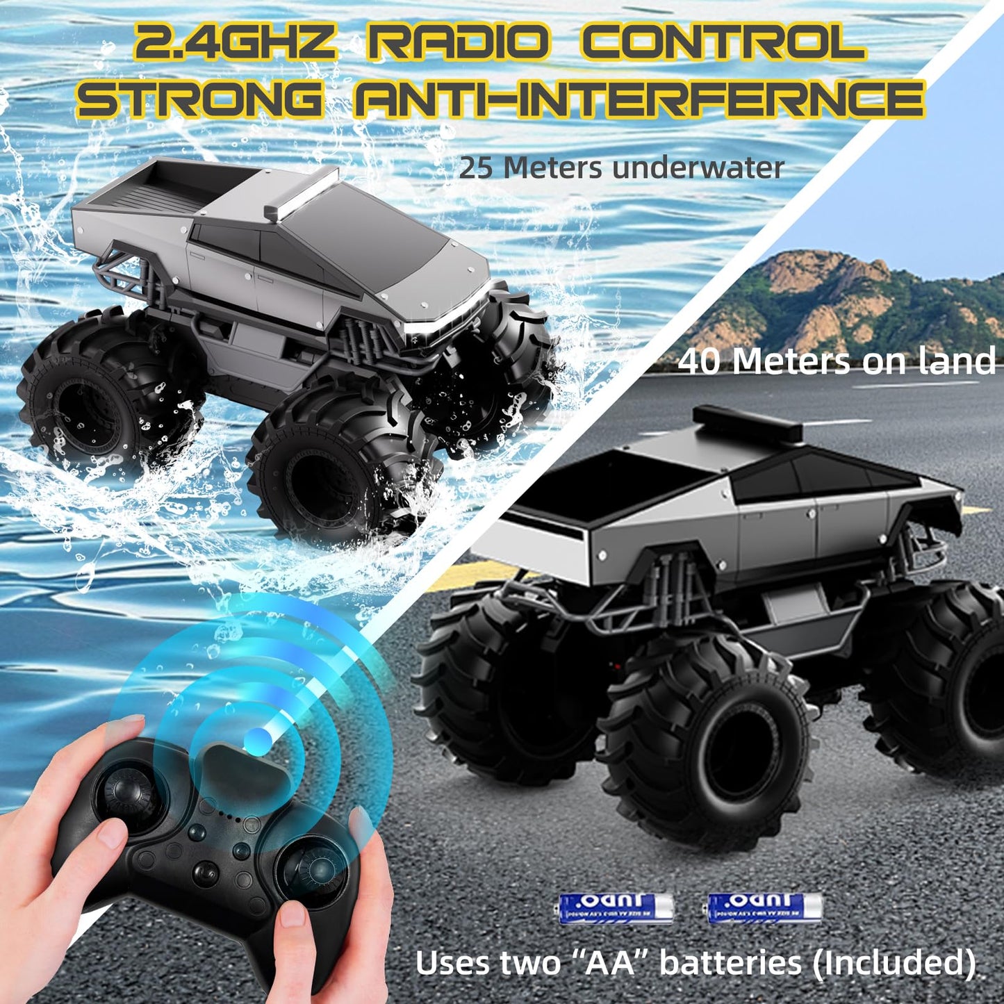 Remote Control Car, 1:18 Amphibious RC Cars, 4WD All Terrain Off-Road Pickup, 2.4GHz Waterproof Cyber Truck, 360° Rotatable Monster Truck Toys for Boys Christmas Birthday Gifts Age 6 7 8 9 10-13+