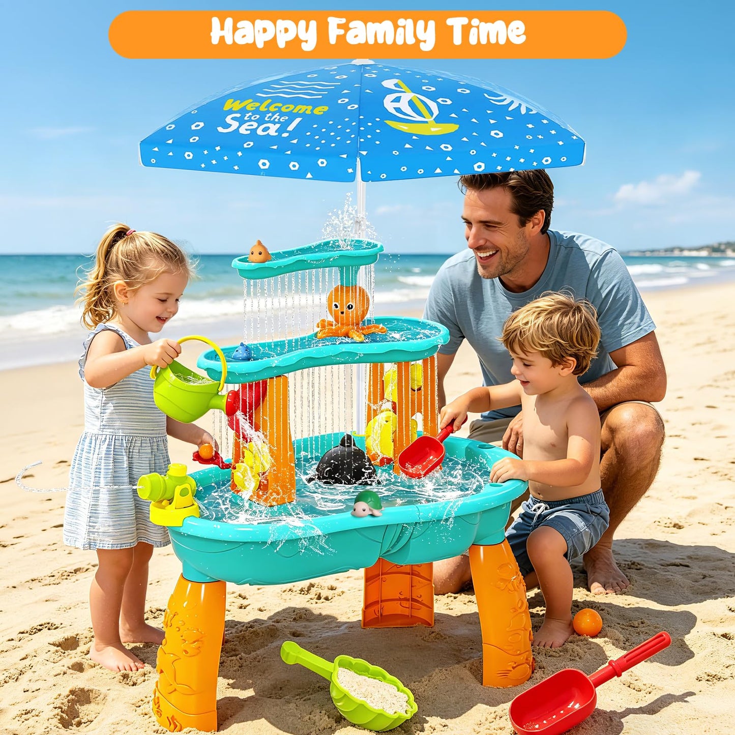 Handwell Toddler Water Table, Auto Water-Absorbing 3-Tier Kids Water and Sand Activity Table with Umbrella & 20PCS Water Toy Accessories, Outdoor Water Play Toys Sensory Playset Summer Gift for Age 3+