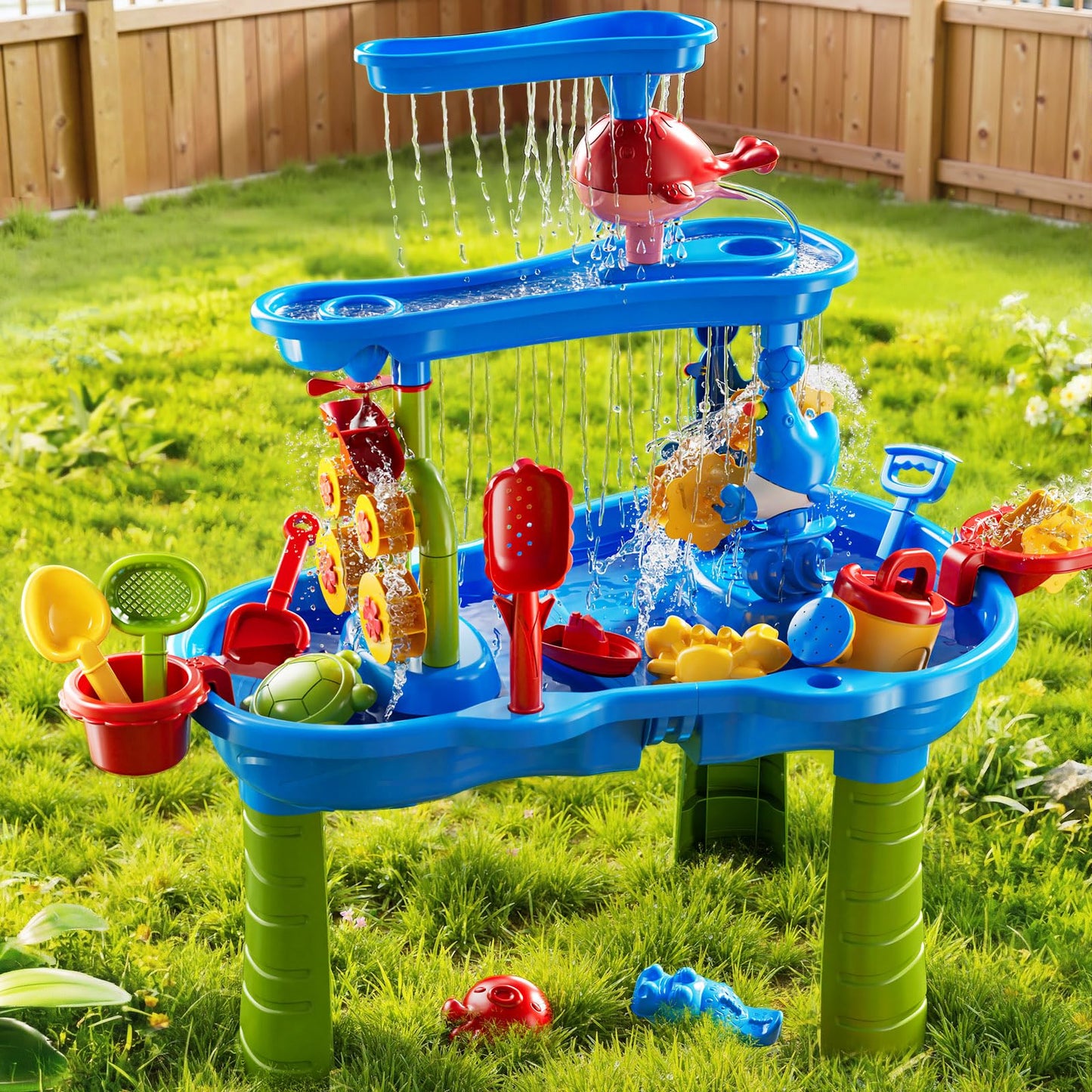 DULONIME 3-Tier Sand and Water Table Toys for Kids Aged 3 4 5 6 7 8, Water Waterfall Sensory Play Table with Beach Toys Accessories, Outdoor Activity Playset for Toddlers 2-4 3-5 4-6, Birthday Gifts