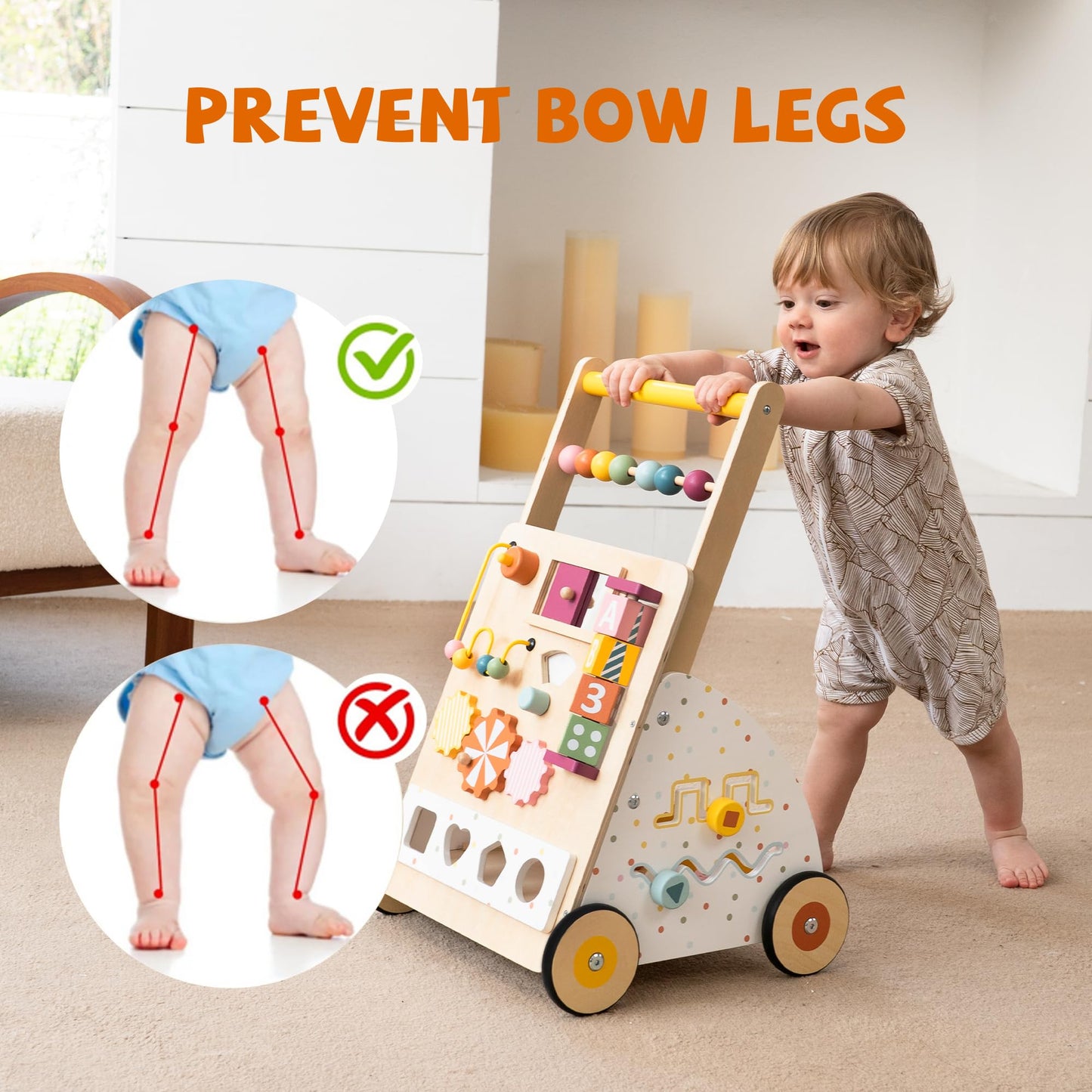 Wooden Baby Walker with Activity Center – Montessori Push Walker Toys for Boys & Girls 18 Months+ – Educational Toddler Learning Walker with 10-in-1 Sensory Games