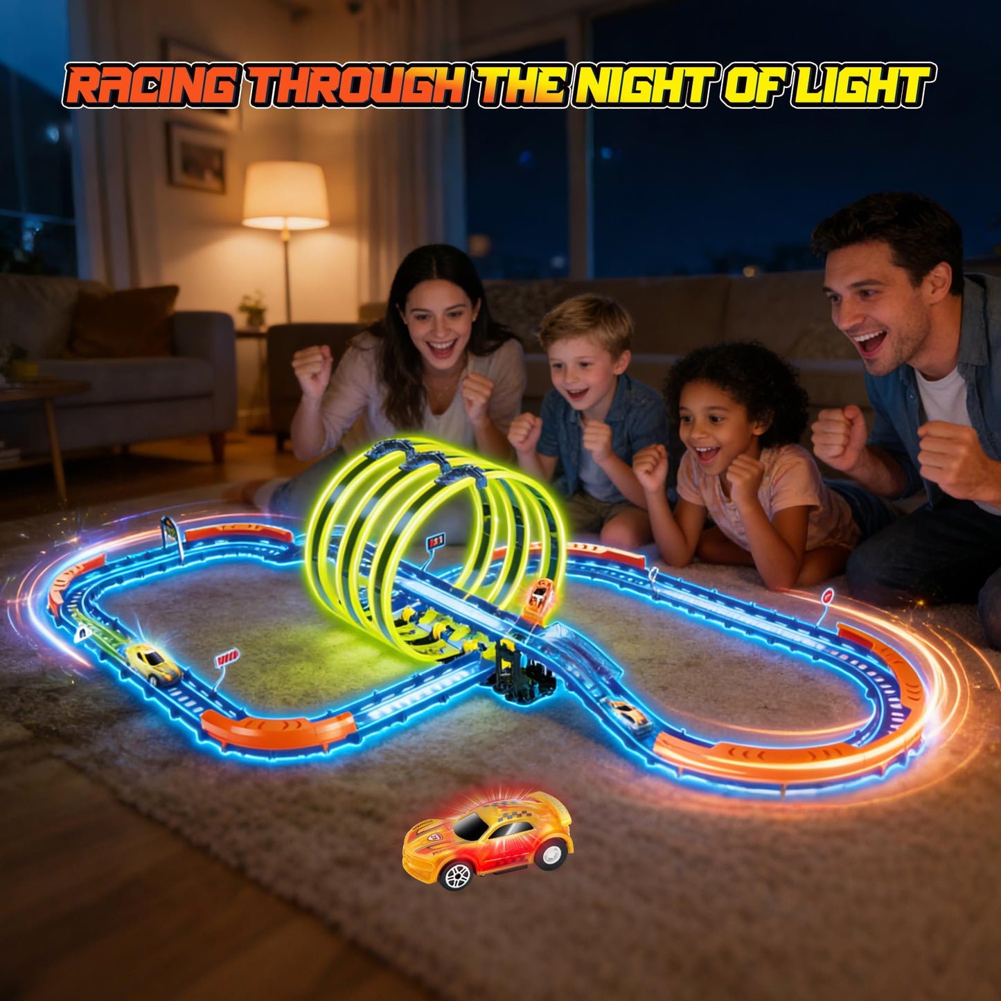 Glow Slot Car Race Track Set, 71 Pcs Glow-in-The-Dark Track Toy for Kids Ages 3-8, Electric Speed Car Light-Up Whole Tracks, 360° Magic Triple Loops, 1:64 Scale Pull-Back Cars, Toy Gift for Boys Girls