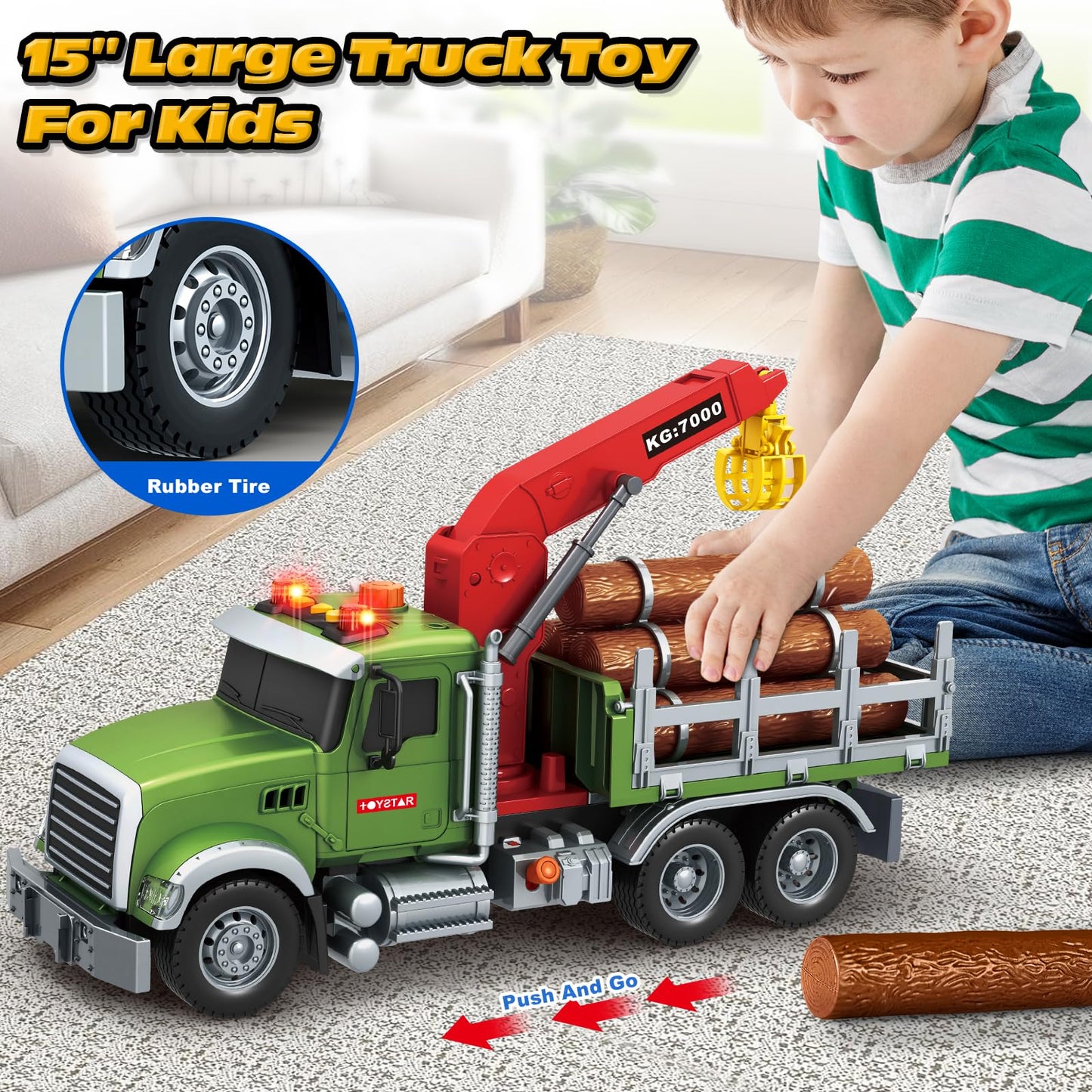 Bstoyder Kids Toys for 3 4 5 6 7 8 Years Old Boys, 15" Farm Logging Truck Toy with Loading Crane and 6 Trunks, Lights, Sounds, Toddler Friction Powered Truck Vehicle Toy for Boys Girls Birthday Gifts