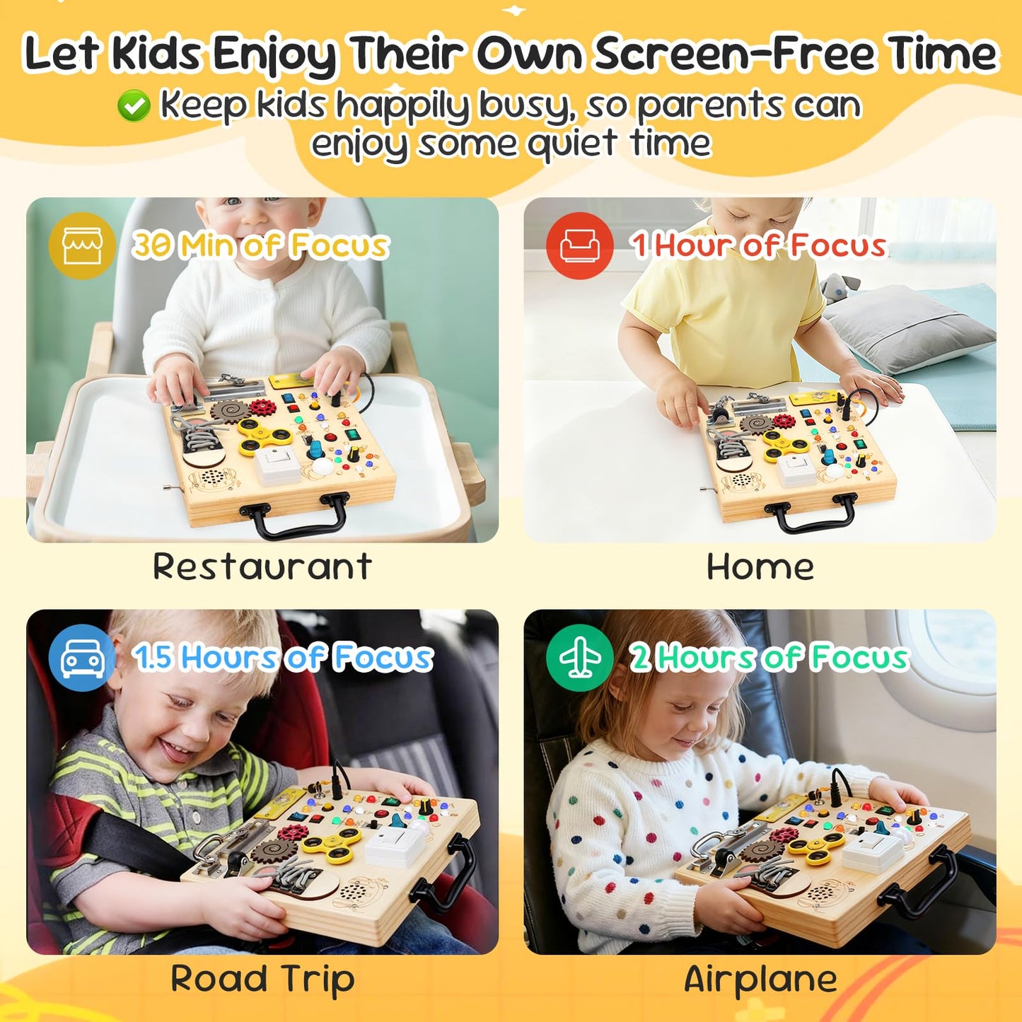 Wooden Busy Board with LED Light，Montessori Baby Learning Toys for Toddlers , Sensory Activity Board , Travel Educational Toy Boy & Girl Birthday Gift (Black Handle)