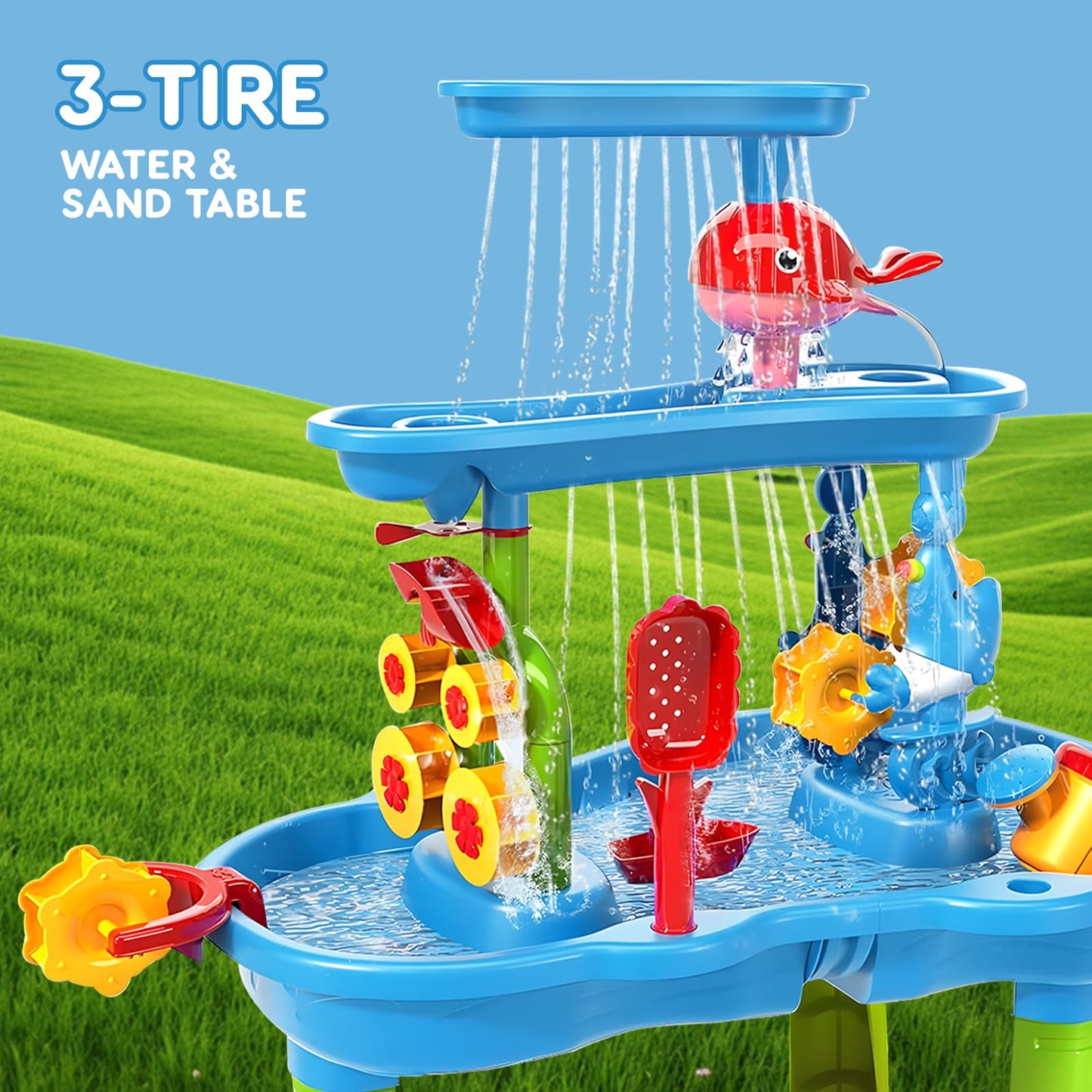 zefinot 3-Tier Water Table for Toddlers 1-3, Kids Water Play Table with Waterfall, Spinning Wheels and Splash Accessories for Outdoor Backyard Summer Fun