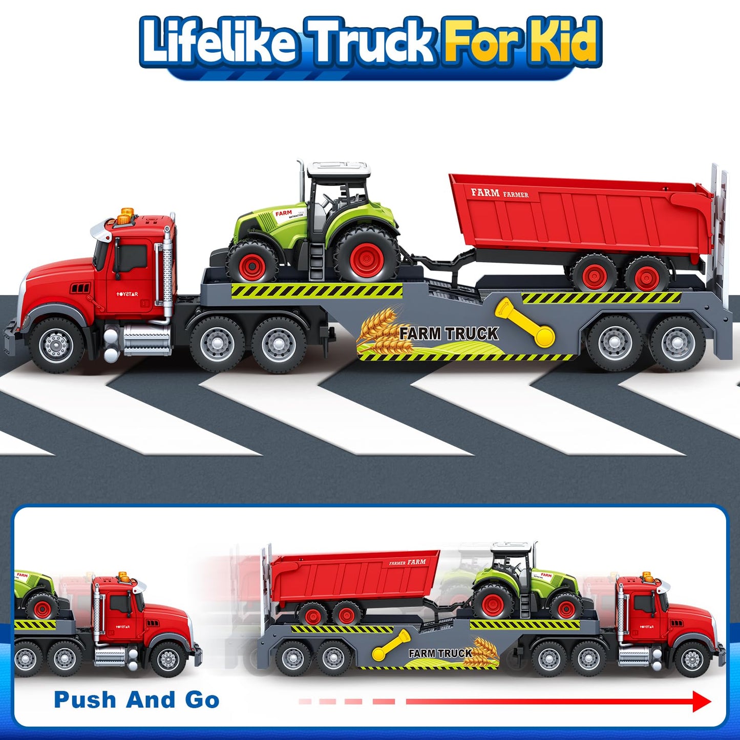 SpringFlower 21“ Extra Large Truck Toy, 3 4 5 6 Boys Toys with Tractors and Dump Truck, 3 in 1 Vehicle Toy with Sounds & Lights, Christmas Birthday Gift Kids Boy Toddlers Age 3 4 5 6 7