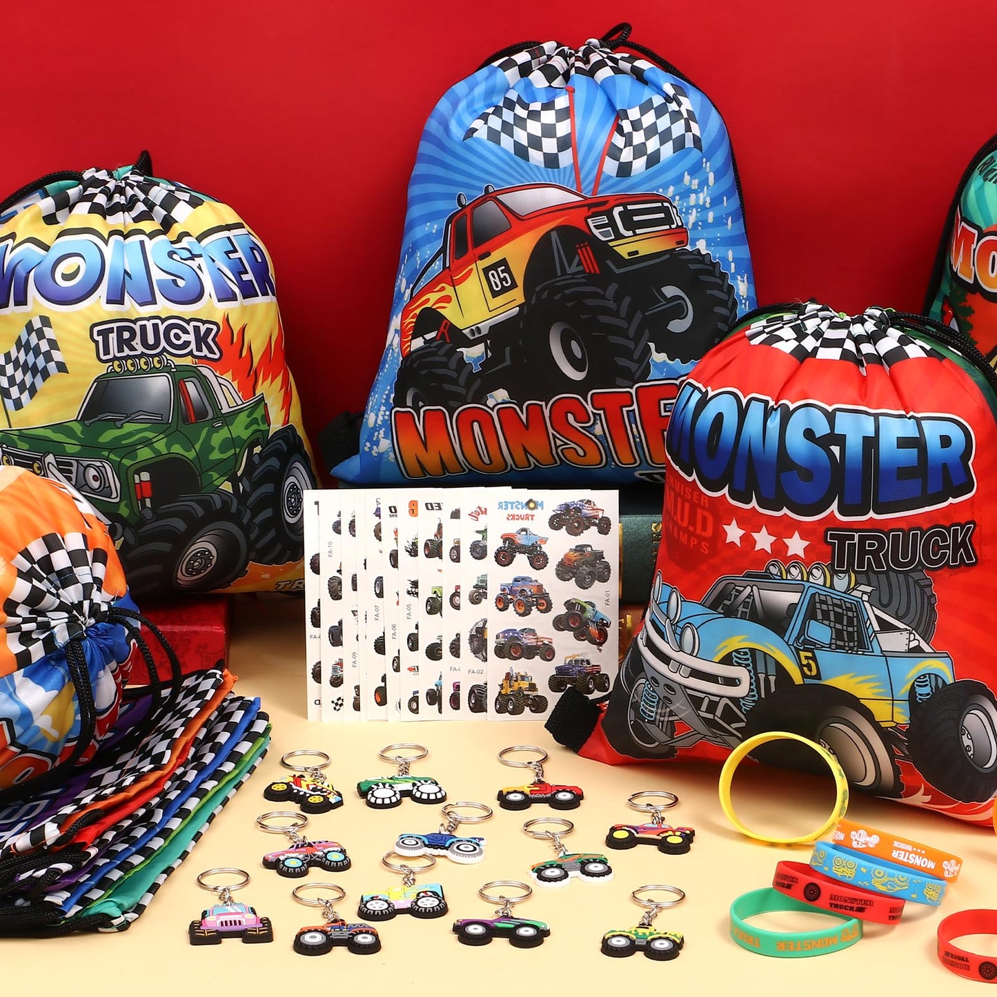 SNLN Monster Truck Party Favors Birthday Supplies for Boys Kids, Drawstring Bag Silicone Bracelet Keychain Tattoo Sticker Pinata Goodie Bag Stuffers Monster Truck Birthday Party Supplies Decor